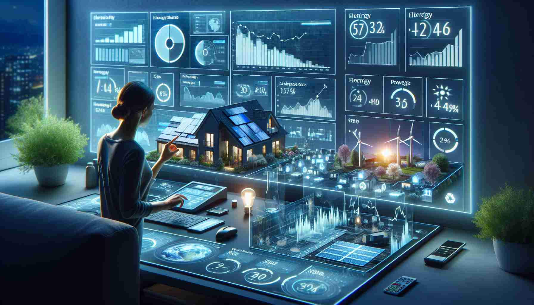 Realistic HD image representing the future of electricity pricing, showcasing efficient energy consumption. Picture a digital dashboard monitoring power usage within a smart home, integrating multiple sustainable sources such as solar panels, wind turbines and battery storage. Electricity rate charts could be displayed on-screen, revealing dips and spikes, highlighting optimal usage periods. An anonymous person, a Caucasian woman, is interacting with the dashboard, embodying the potential benefits of implementing such systems for individual consumers.