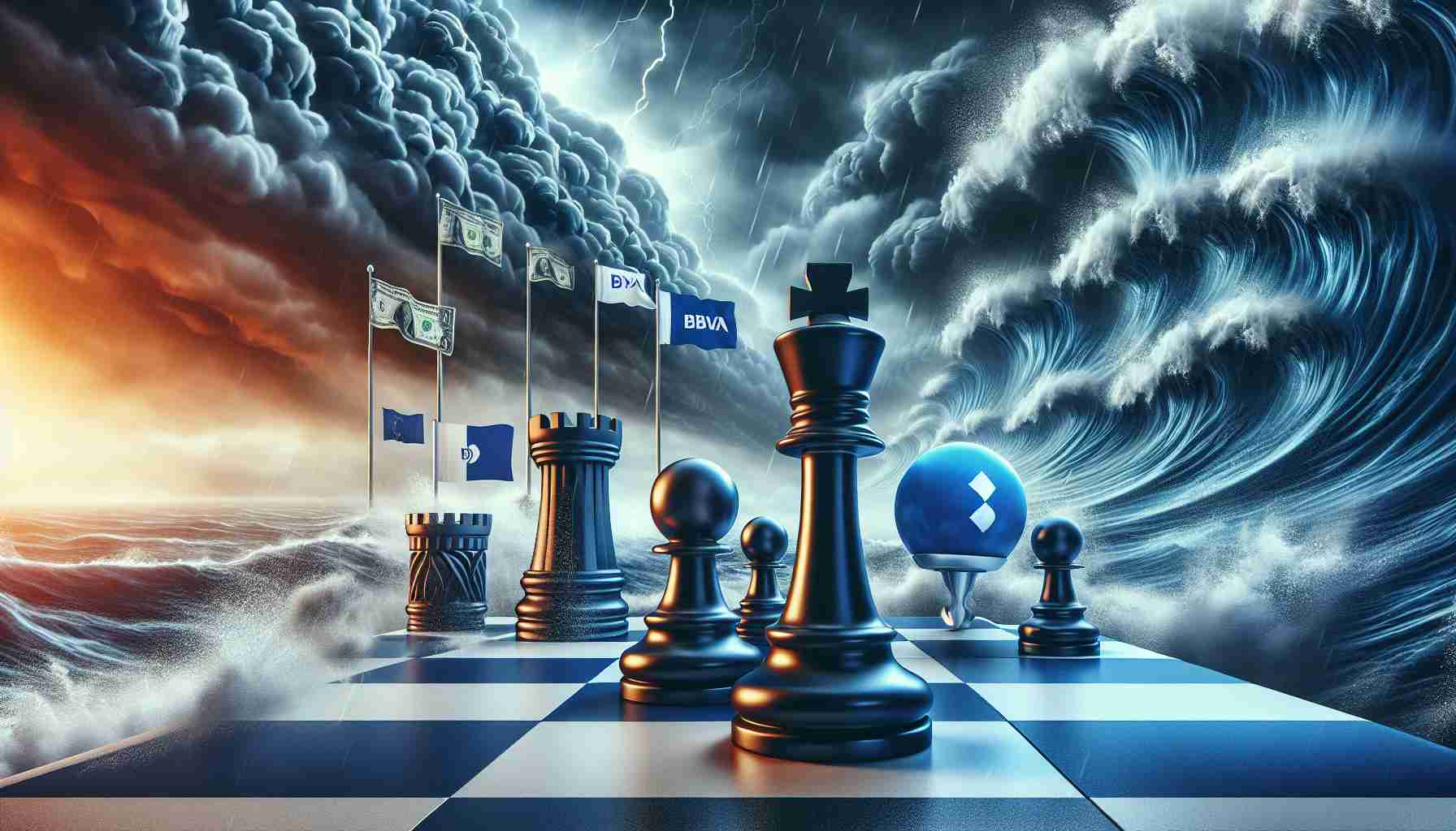 A high-definition, realistic image showcasing the concept of a bold financial maneuver amidst market turbulence. The scene could be represented by abstract symbolism like a detailed chessboard, with one powerful chess piece (signifying BBVA) confidently moving towards a less dominant piece (representing Banco Sabadell). There should be a sense of stormy turbulence in the background to signify a tumultuous market, possibly a stormy sea or dark clouds swirling. Do not include logos or specific branding.