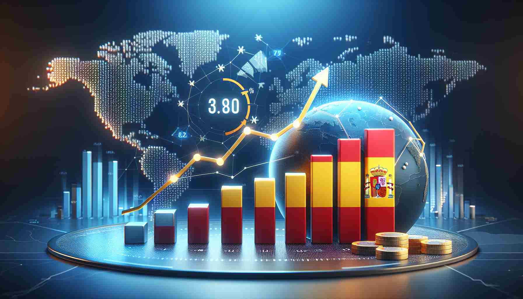 Create a realistic HD graphic illustrating the Spanish economy outpacing the growth of the Eurozone. This graphic should include a rising line graph indicating Spain's economic performance, comparative bar graphs showcasing the Eurozone's average growth, and a pie chart positively highlighting Spain's share. And, don't forget a dotted world map hovering in the background behind these charts.