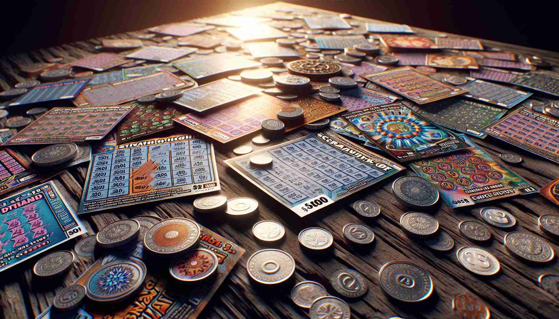 Create a hyper-realistic, high-definition image showcasing the intriguing world of scratch-off lottery tickets. Picture a diverse selection of these tickets with a variety of designs, shapes, and colors, intriguingly sprawled across a wooden table. Envision some partially scratched to reveal hidden symbols or numbers, while others lay untouched, preserving the anticipation of potential wins. To one side, there should be a coin for scratching off the layer of silver material. The lighting in the scene should highlight the tickets, making them look appealing and inviting while still maintaining the sense of mystery and chance inherent in a lottery.