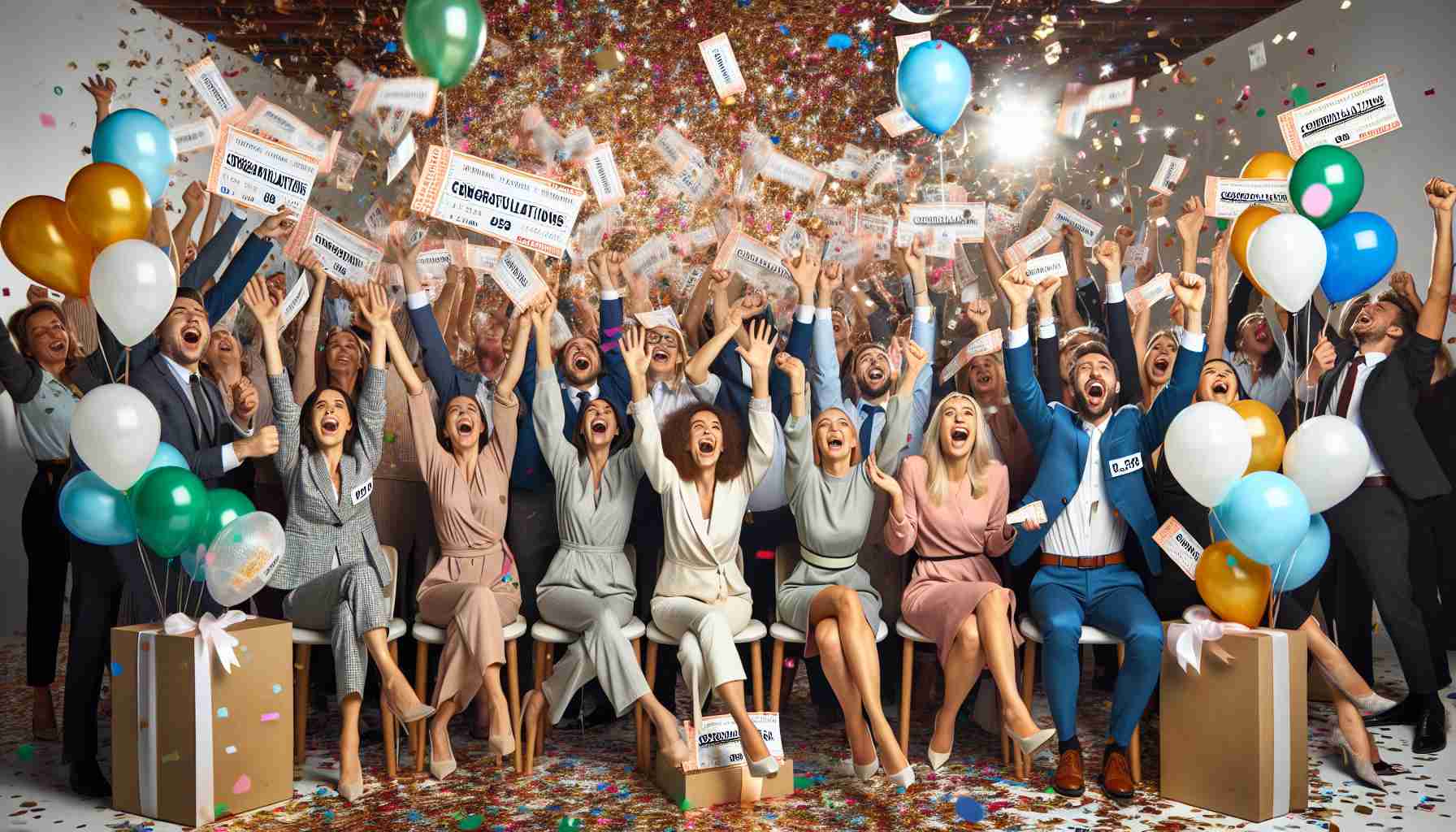 A high-resolution photo illustrating a celebratory scene where multiple individuals of various descents and genders cheer jubilantly. They are joyously waving their winning lottery tickets in the air, symbolizing their big win in a national lottery draw. The atmosphere is jubilant, with confetti raining down and everyone displaying wide smiles of elation. Balloons and banners with words 'Congratulations' and 'Winner' can be seen in the background to supplement the celebratory theme.