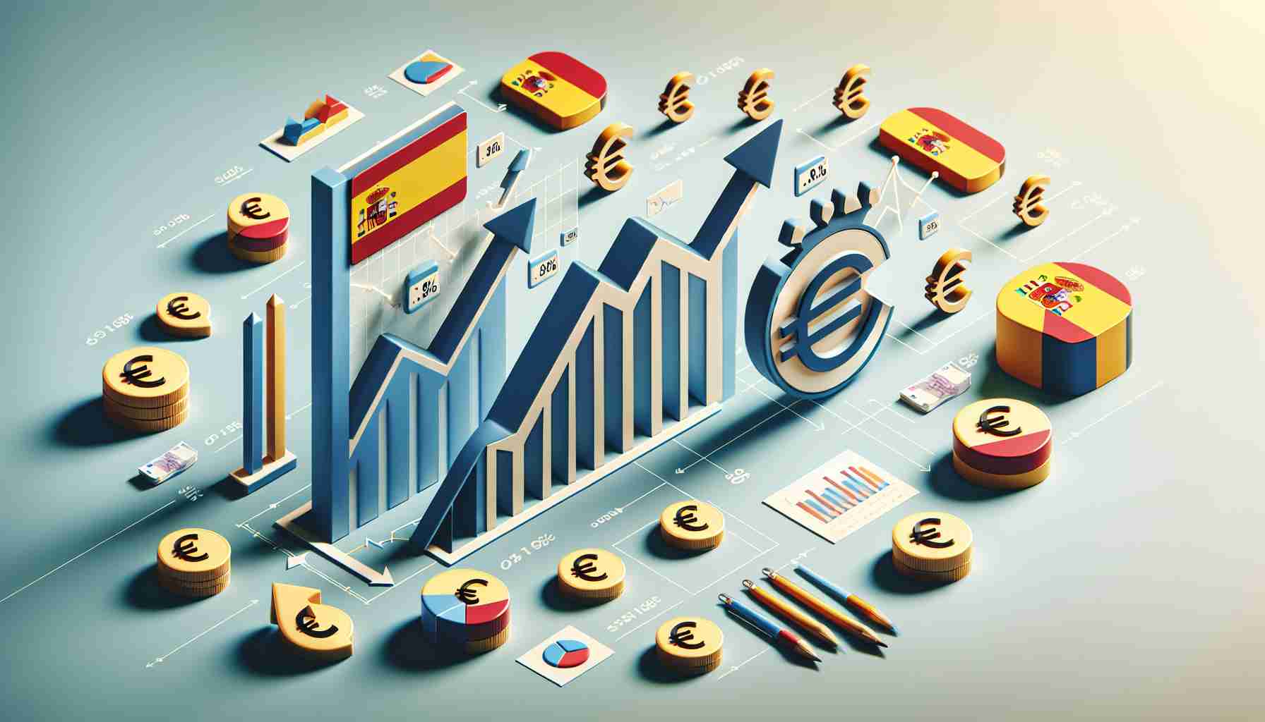 Create a high-definition, realistic image showing a headline 'Spanish Economy Sees 0.8% Growth in Second Quarter'. Illustrate the concept with symbols representing growth like upward-pointing arrows, and pie charts, and finance related icons (like Euro signs) on a neutral business-friendly background.