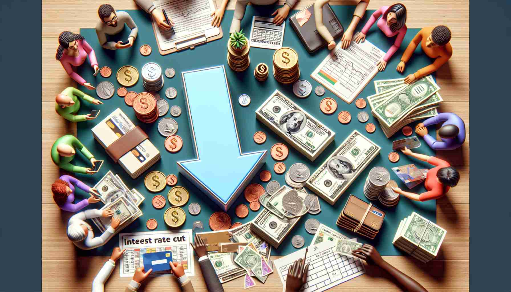 Realistic, high-definition image portraying a multitude of everyday finances such as bills, coins, credit cards, and a checkbook spread over a table. On one side, there's a downscaled arrow signifying the Central Bank’s interest rate cut, and on the other side, people of different descents and genders are happily engaged with their financial responsibilities indicating the positive impact of the interest rate cut.