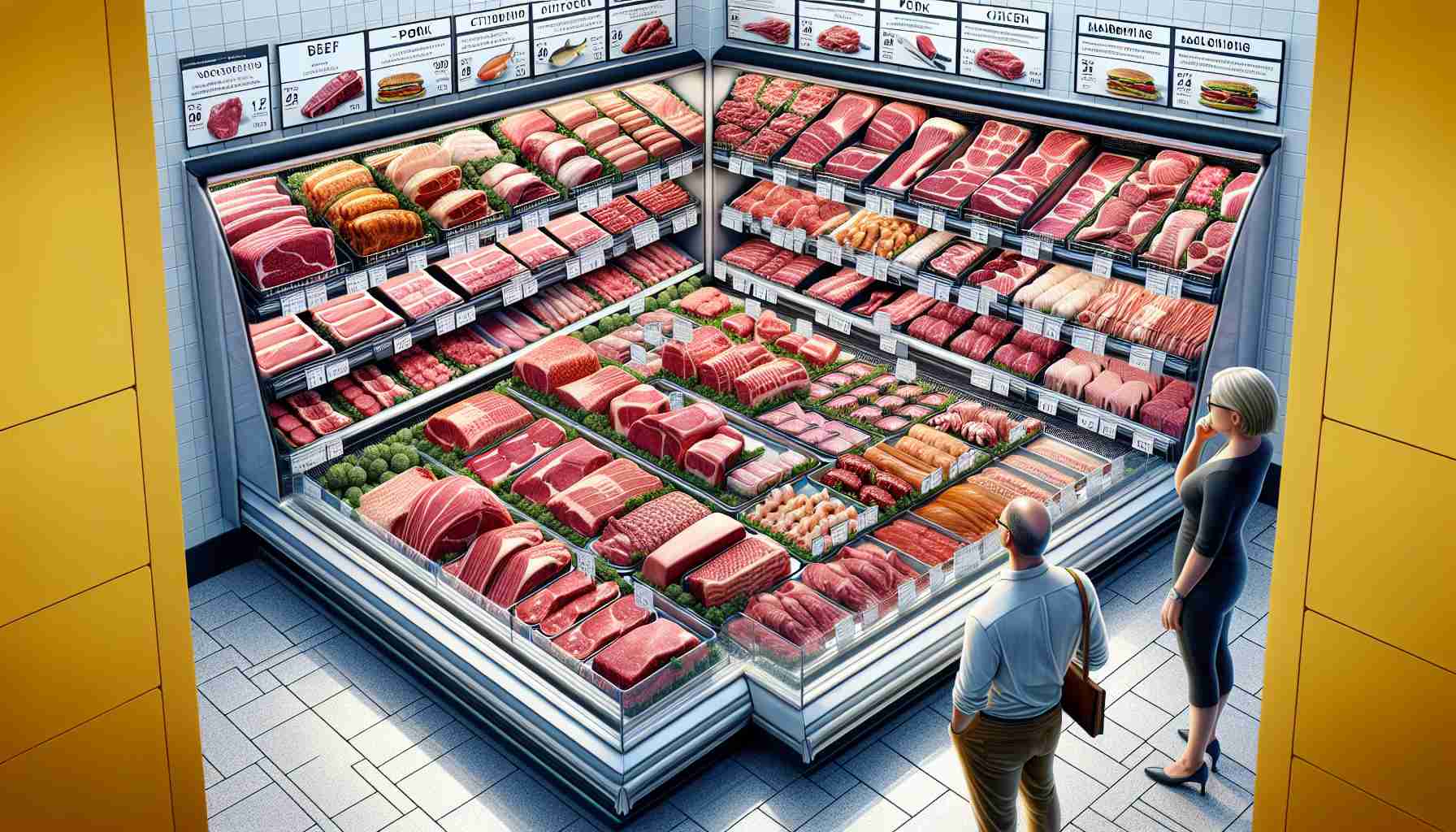 A detailed, high-definition image of a guide to selecting quality meats at a supermarket. The visualization should contain a variety of meats including beef, pork, chicken, and fish displayed in attractive presentations in a refrigerated shelving unit. Each meat product should have clear labels indicating the cut, price, and provenance. The image should include tips on what to look for when choosing meat, such as color, texture, and marbling. Add some customers of various gender and descents pondering their choices. The supermarket should be well-stocked and clean, reflecting the standard of high-quality shopping.