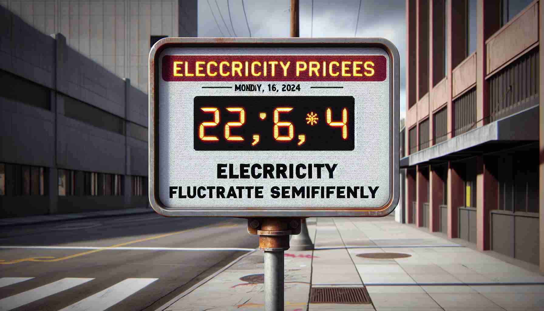 Generate a realistic and high-definition image of a sign displaying the message 'Electricity Prices Fluctuate Significantly' and the date 'Monday, September 16, 2024'. The sign should be designed in a manner typical of public service announcements, employing easy-to-read fonts and clear, vibrant colors. Additionally, please incorporate a background that might be seen in such a setting, such as an urban street or a community notice board.