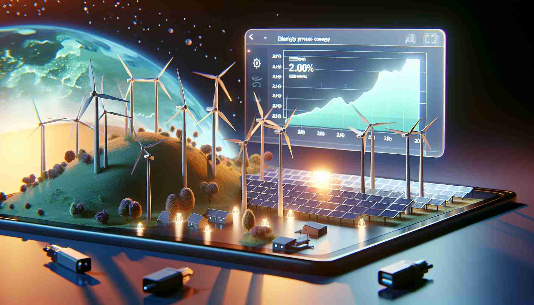 Render an image that depicts a future in 2030 where renewable energy sources such as wind turbines and solar panels are flourishing and dominant in the energy sector. The scene also shows a graph on a digital screen showcasing the gradual decline in electricity prices as a result of the increased adoption of renewable energy. The overall tone is optimistic and forward-looking, highlighting the positive influence of renewable energy on economy.