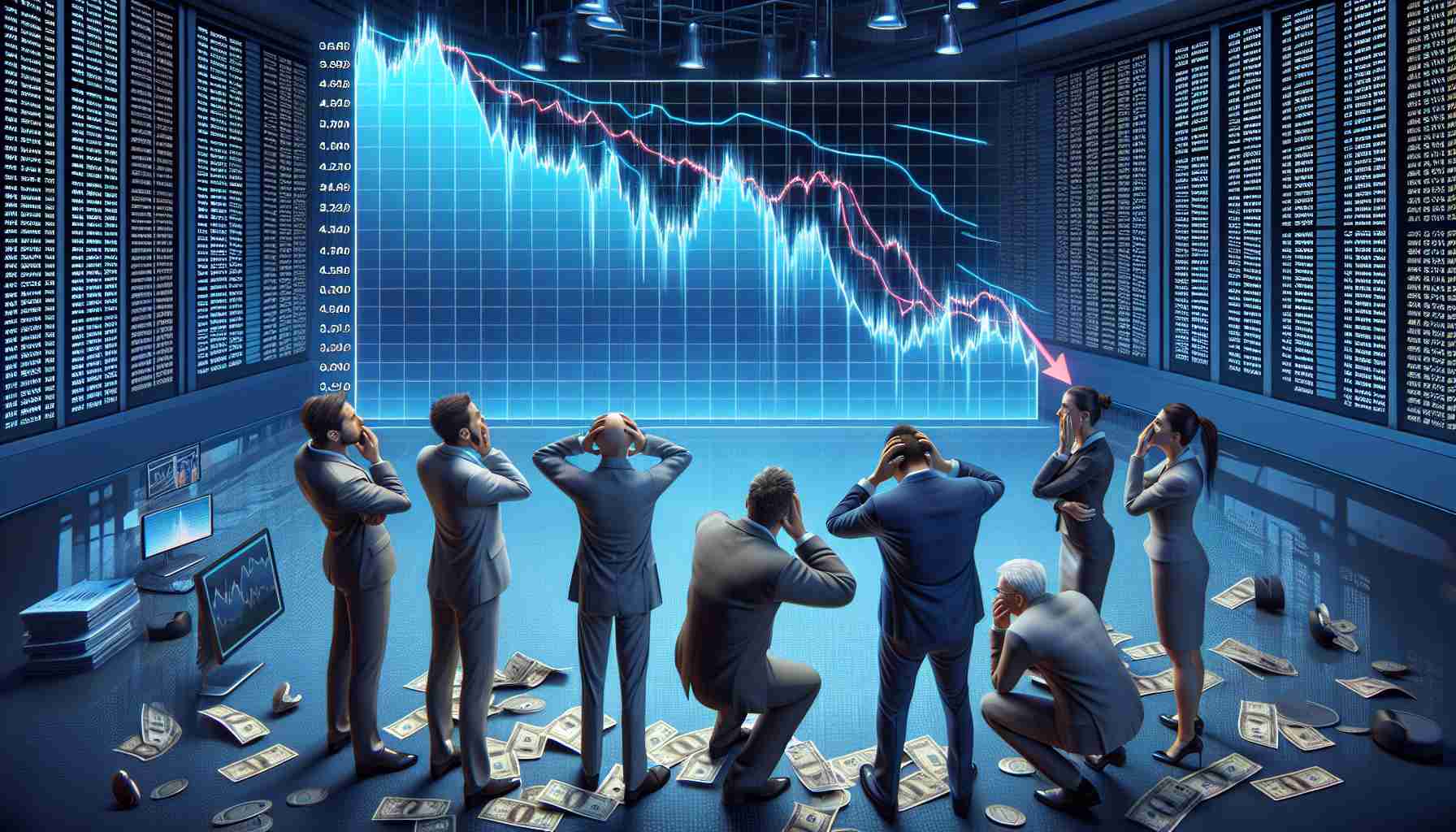 A high definition, realistic imagery depicting the scenario where a decline in stock prices leads to financial losses for the shareholders of a generic company, symbolizing a turbulent economic situation. The image should portray a graph with a sharp downward trend, alongside worried individuals staring at the falling graph, expressing their distress. Authentic details like the tickers, present in the backdrop signifying a stock market, can be included.