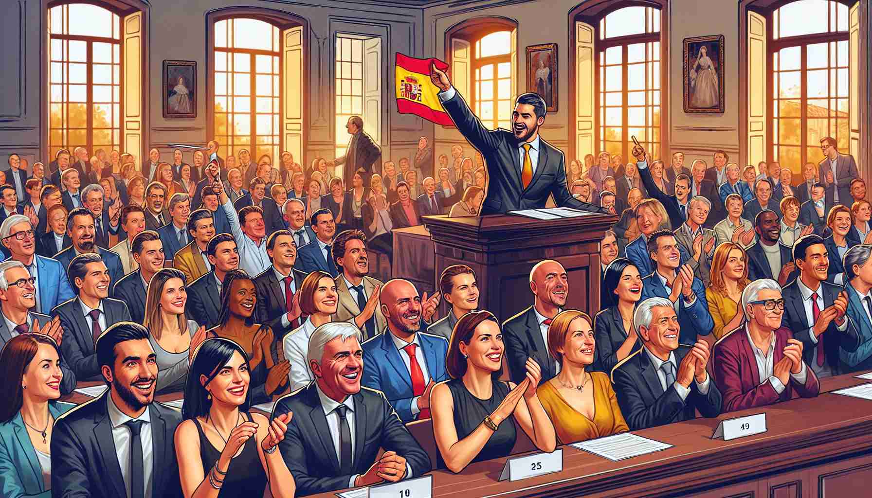 Create a high definition, realistic visual representation of a successful auction scene in Spain. The participants in the auction are upbeat and excited, emphasizing a confident market. Depict a diverse group of bidders—including both men and women of different descents such as Caucasian, Hispanic, Black, Middle-Eastern, and South Asian—all enthusiastically participating in the bidding. Use a palette that communicates optimism and vibrancy. The setting is an elegantly appointed room with an auctioneer commanding the attention of the room, both characters and colors reflecting an atmosphere of prosperity.