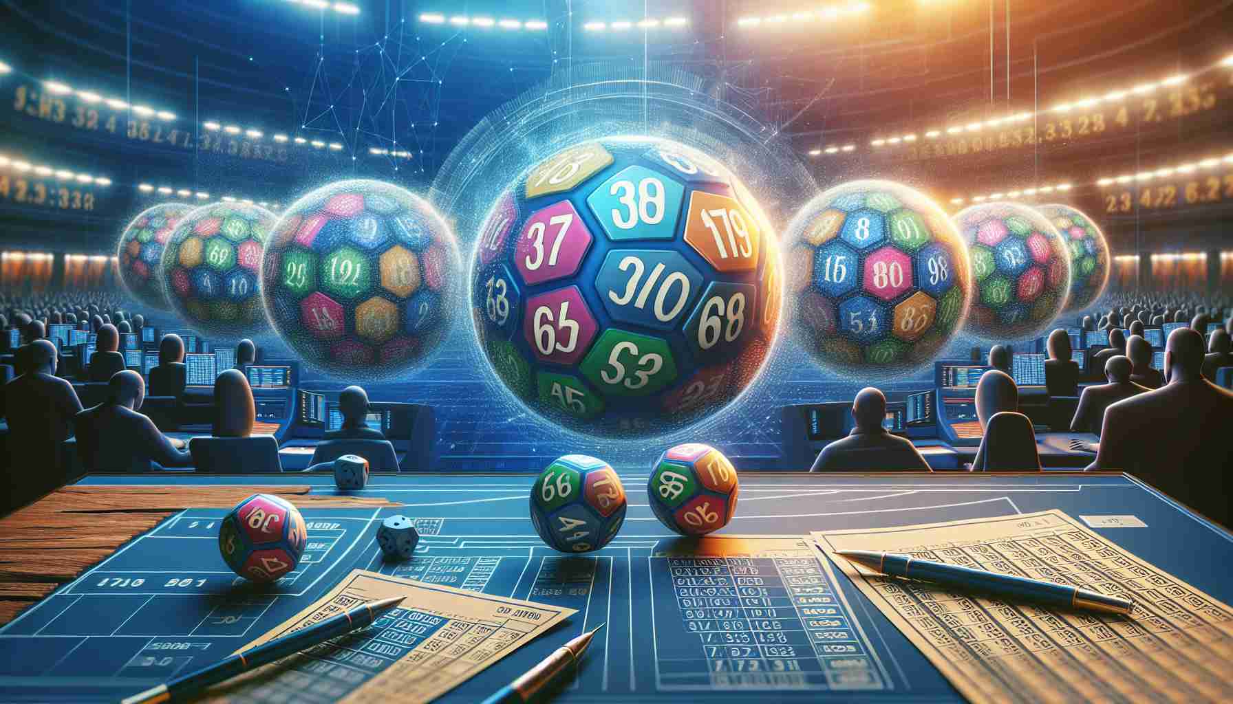 Generate a realistic HD image of a new lottery game that is causing excitement among players. The game stands out due to its unique number selection mechanism. Visualize it as a brightly-colored set of lottery balls with unusual number patterns imprinted on them. The scene also includes a dedicated playing court with multiple players eagerly checking their tickets expecting their lucky numbers.