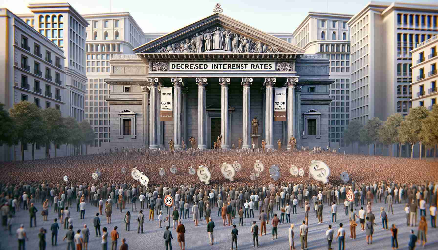 Photorealistic image showcasing a metaphorical representation of the Spanish Treasury experiencing strong demand for debt amid decreased interest rates. The scene can be depicted as a swarm of individuals from diverse descents, age, and genders, each one holding a symbolic representation of money or IOUs, crowding around a large, majestic building resembling a traditional Spanish treasury. The building is adorned with Spanish architecture and looks grand and welcoming. Additionally, visible signs or banners that say 'Decreased Interest Rates' as well as 'Strong Demand for Debt' hang from the building.