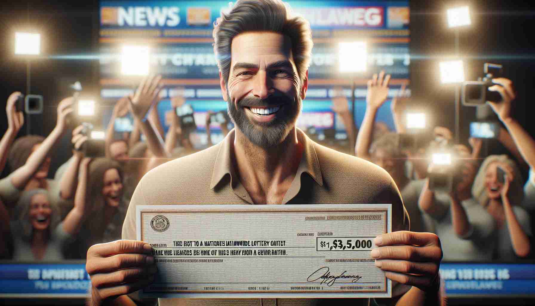 High-definition, realistic image of an individual who has just won a nationwide lottery. The person is Caucasian, male, in his 40s, with a wide smile on his face. His clothes signify sheer casualness and comfort. He is holding a massive, symbolic cheque that indicates he is the winner. Headlines and flashes of news media cameras in the background tell the story of this momentous event.