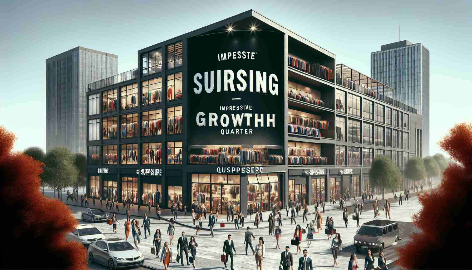 Realistically depicted high-definition digital painting of a surging clothing company's headquarters buzzing with activity. Demonstrating an impressive growth quarter, the building exterior is adorned with celebratory banners with the text 'Impressive Quarter'. Employees of various genders and descents - Caucasian, Hispanic, Black, Middle-Eastern, South Asian, etc., bustling around with a sense of elation. Foreground features the company logo, the stylish design embodies fashion and innovation. The overall color scheme is upbeat and vibrant.