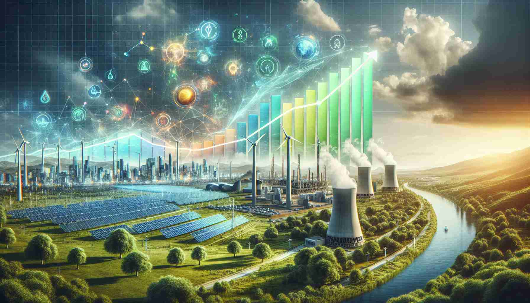 Create a realistic, high-definition image that represents a future scenario where energy consumption is on the rise. Show this progression with a line chart flowing upwards, with different energy sources classified by color. It would also be effective to connect this growth trend with futuristic scenarios: picture innovative technologies, bustling cityscapes, wind turbines, solar panels, and peaceful nuclear power plants against a backdrop of thriving ecosystems to signify the dual challenge of meeting energy demands and maintaining environmental balance.