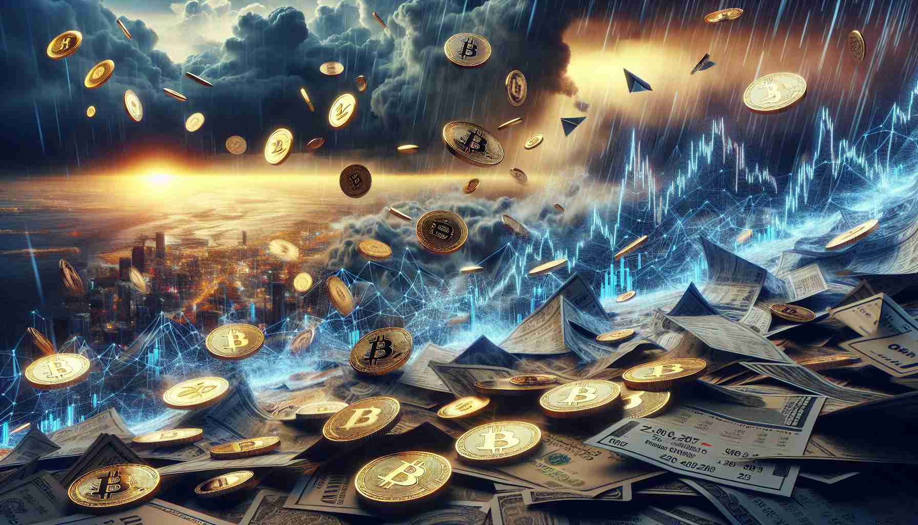 Generate a highly detailed, realistic image symbolizing the rise of digital payments amidst economic uncertainty. The scene could convey a plethora of digital coins and currencies ascending against a backdrop which represents economic turmoil. This could be symbolized by a stormy weather scene, key stock market graphics in a state of decline, or papers with financial data flying about chaotically. The image should have high-definition quality for a more vivid representation of the concept.