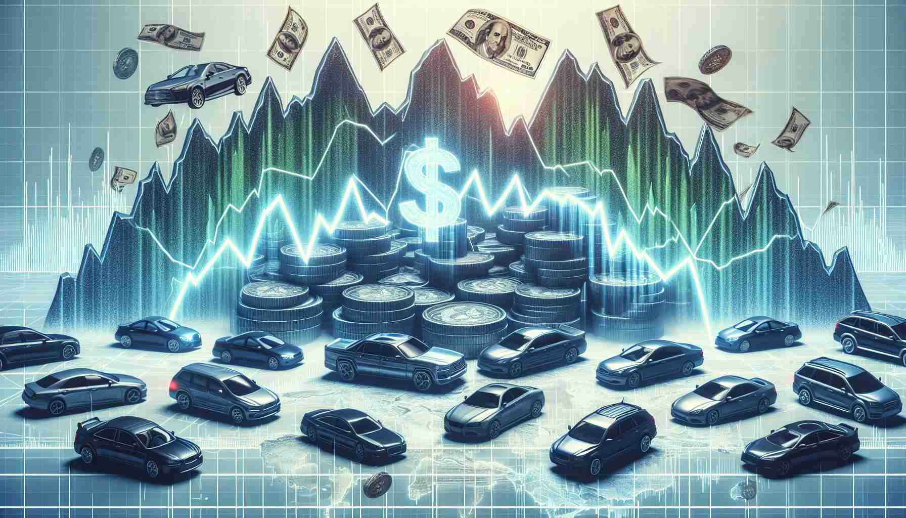 Generate a detailed, high-definition image representing the concept of automotive market volatility. This could include steep jagged lines on a graph showing highs and lows, various types of cars representing different size and price categories in the background, a money symbol overlaying the scene indicating fluctuating financial state, and elements like dollar bills or coins to symbolise wealth and investment. Surrounding the scene should be stock market ticker tape, symbolizing the constant changing values in the automotive market.