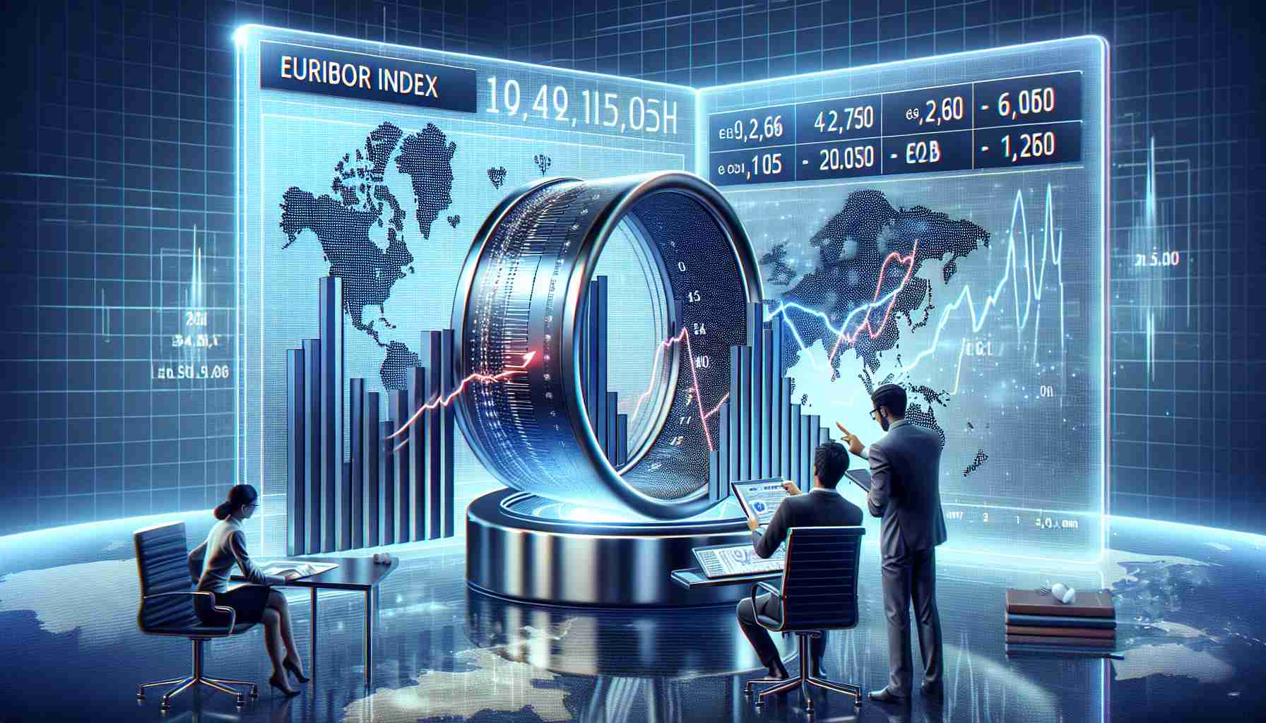 Realistic high-definition illustration of the concept of the Euribor Index. It is represented by a large, sleek, metallic bar graph that showcases the fluctuating interest rates in Euros on a virtual glass screen. There are understandable details such as market trends, past records, and predictions. The background features a map of the Eurozone countries, subtly highlighted. In the foreground, a South Asian businessman and a Middle-Eastern businesswoman are analyzing the data, pointing and discussing.