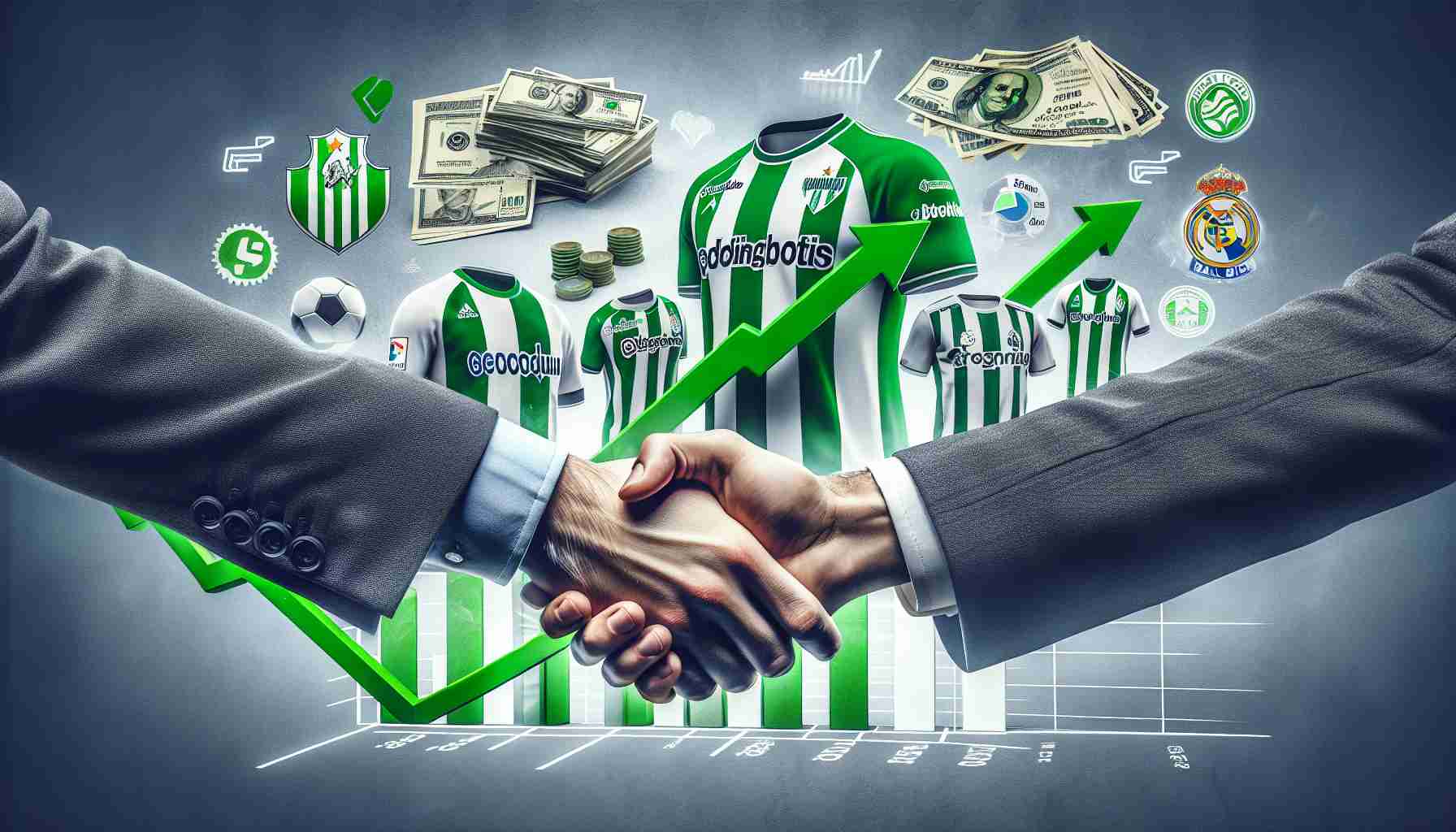 A high-resolution, realistic photo representing the concept of a significant financial deal boosting the future of a soccer club like Real Betis. The image should include symbolic elements such as a handshake between two individuals denoting a deal, a green and white soccer jersey, numerous sponsor logos and financial graphs showing an upward trend, all representing the prosperity of a football club's future.