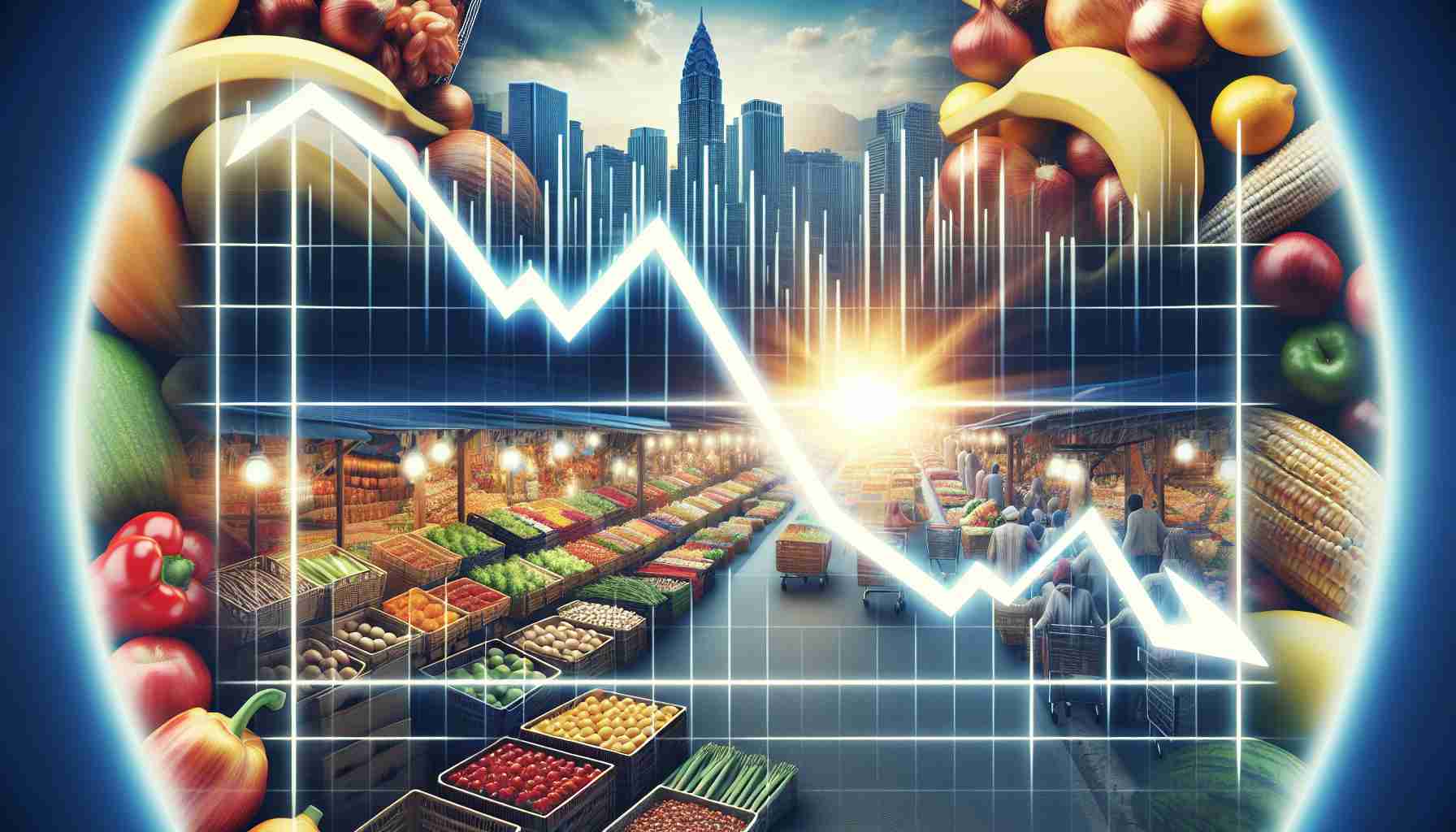 A high-definition image representing the concept of a decline in food inflation showing a positive economic trend. The scene might include a graph or chart with a downward trajectory, depicting the inflation rate of food prices over a period of time. Alongside, the picture can show a vibrant market full of high-quality, affordable foodstuffs, suggesting the economic prosperity and consumer purchasing power. Hints of city skylines in the backdrop could further symbolize the overall economic prosperity.