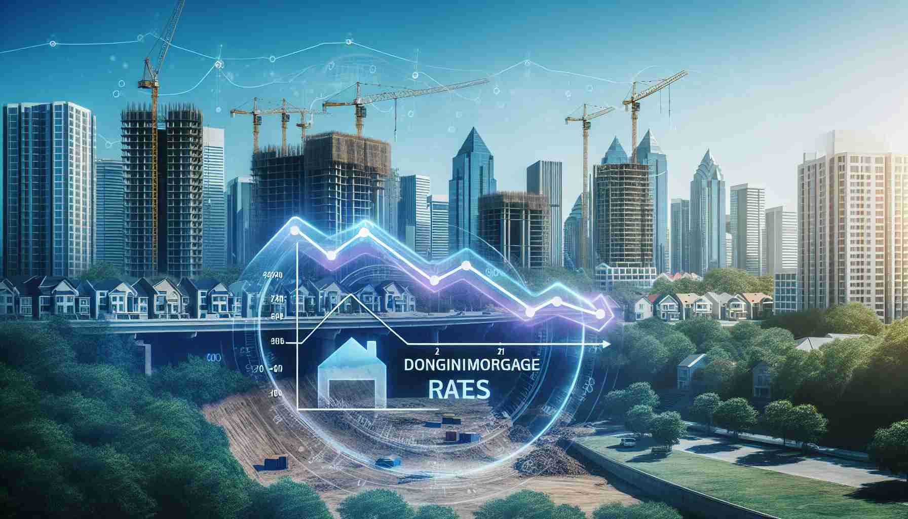 Create an HD image that represents the concept of a flourishing real estate market due to lower mortgage rates. This should include a realistic city skyline with new construction projects evident, symbolizing growth in the market. Overlay the image with graphics of declining mortgage rates, possibly shown in a line graph format. Also incorporate a positive, uplifting color palette that reflects the optimism associated with this situation.