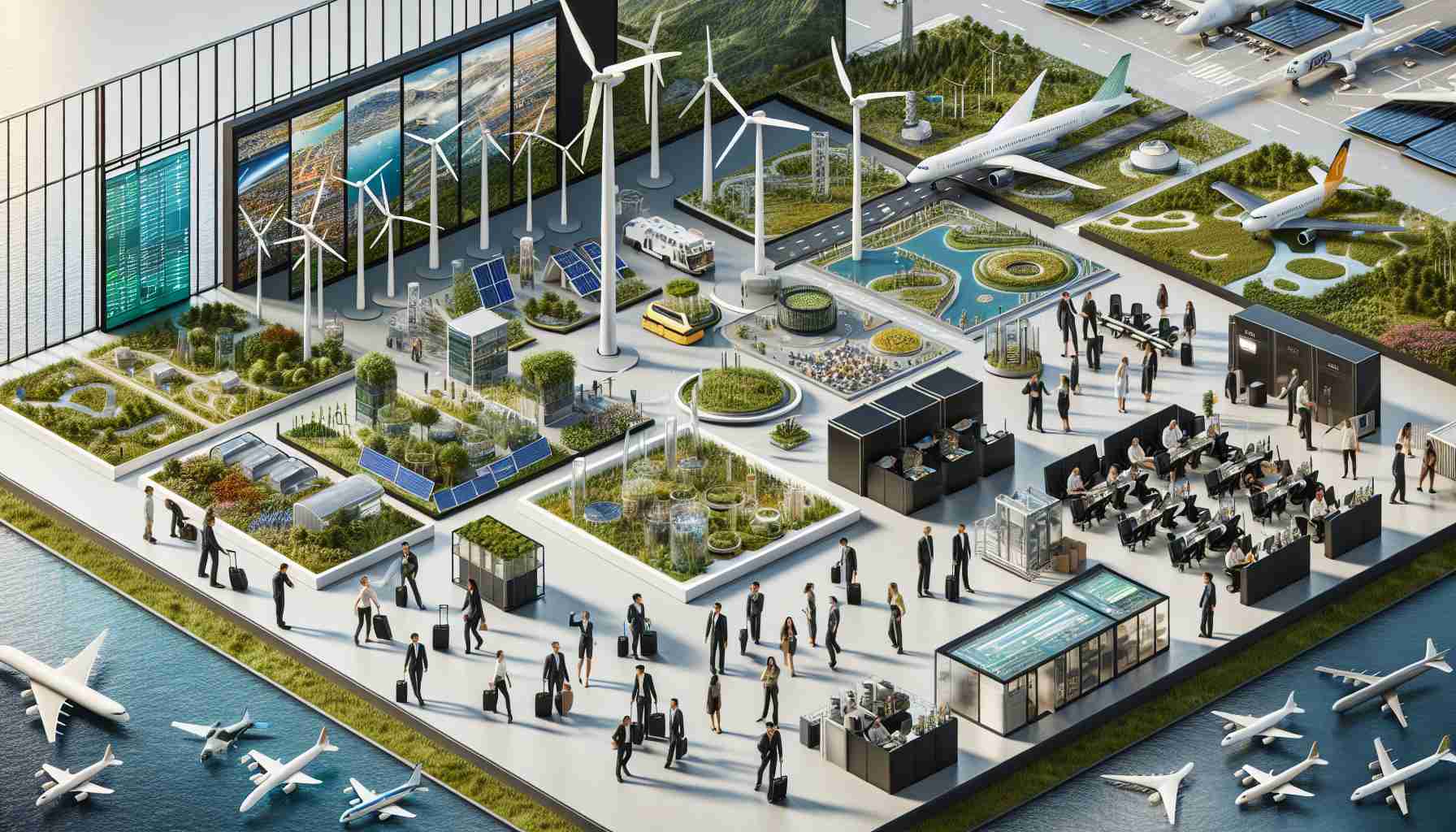 A high-definition, photorealistic image showcasing different strategies for sustainable growth in the aviation industry. It includes representations of renewable energy sources such as wind turbines and solar panels incorporated in the airport design, biofuel-powered aircrafts, waste management facilities within the airport premises, and the integration of green spaces within and around airport terminals for increased carbon sequestration. Employees and passengers interacting within these sustainable environments should reflect a variety of descents and genders, such as a Caucasian female pilot, a Black male ground staff member, a Middle-Eastern female passenger, and so on, showcasing diversity in the scene.