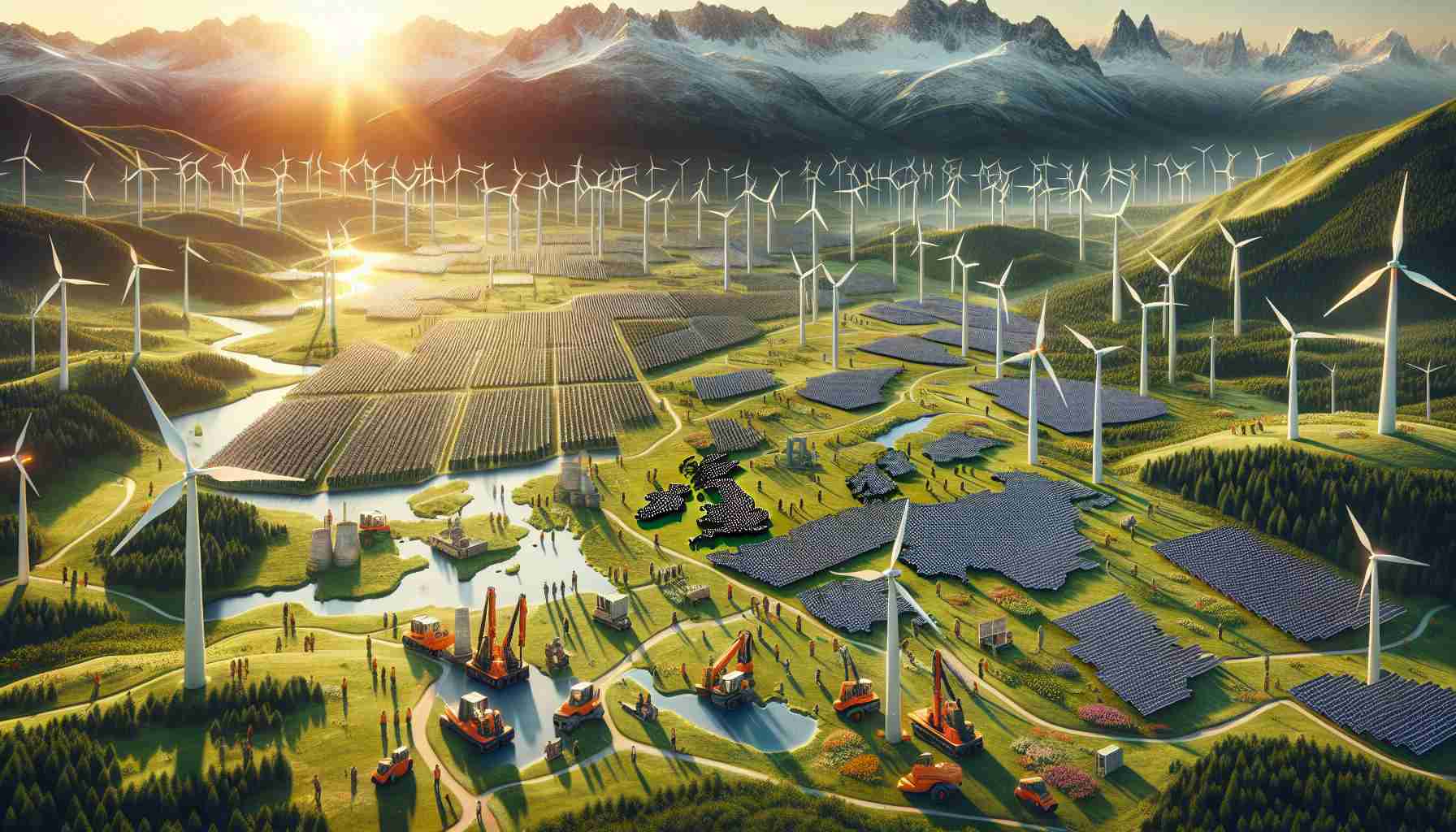 Detailed, high-definition image of renewable energy advancement in Europe. Depict numerous, large scale wind farms on verdant plains with the breathtaking backdrop of a sunrise. Include large arrays of solar panels gleaming under the bright sunlight, with a backdrop of the Alps. Include workers of diverse descents such as Caucasian, Hispanic, and Middle-Eastern working happily on these sites. The foreground contains a map of Europe, where different countries highlight the specific type of renewable energy they are excelling in, such as solar power for Spain and hydropower for Norway.