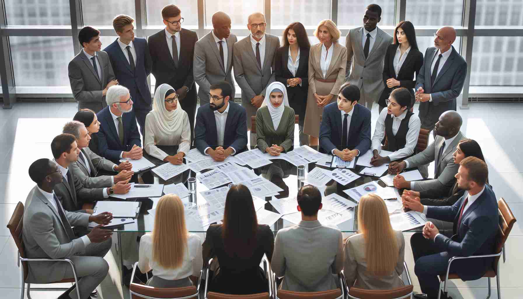 Generate a realistic high-definition image showing a group of diverse individuals, from various descents such as Caucasian, Black, Middle-Eastern, South Asian and Hispanic, forming an association. These individuals, representing minority shareholders, are gathered around a table filled with financial documents. They are actively engaged in a discussion, advocating for a broader range of financial offerings. The room is professional and well-lit, and everyone is elegantly dressed in business attire.