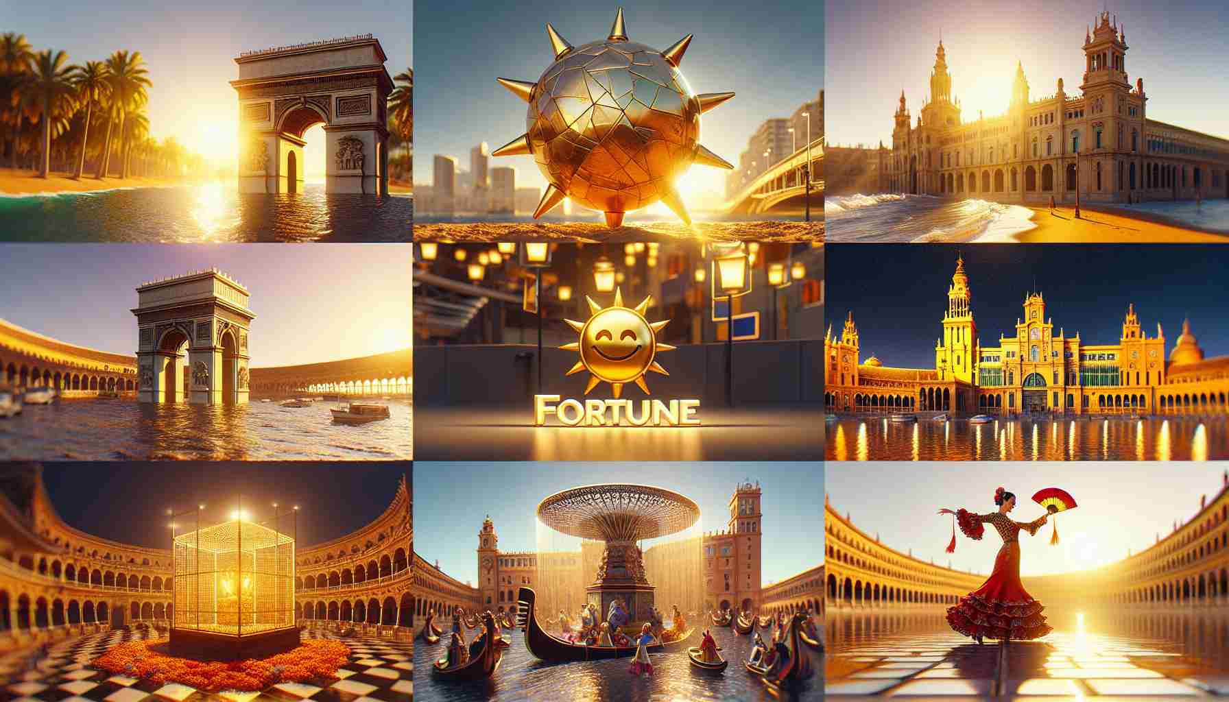 A realistic, high-definition image showcasing the concept of fortune smiling upon various cities in Spain. This can include scenes such as sunlit golden beaches in Barcelona, historical monuments basking in the sunlight in Madrid, and vibrant flamenco performances in Seville. The overall atmosphere should communicate prosperity, joy and good fortune.