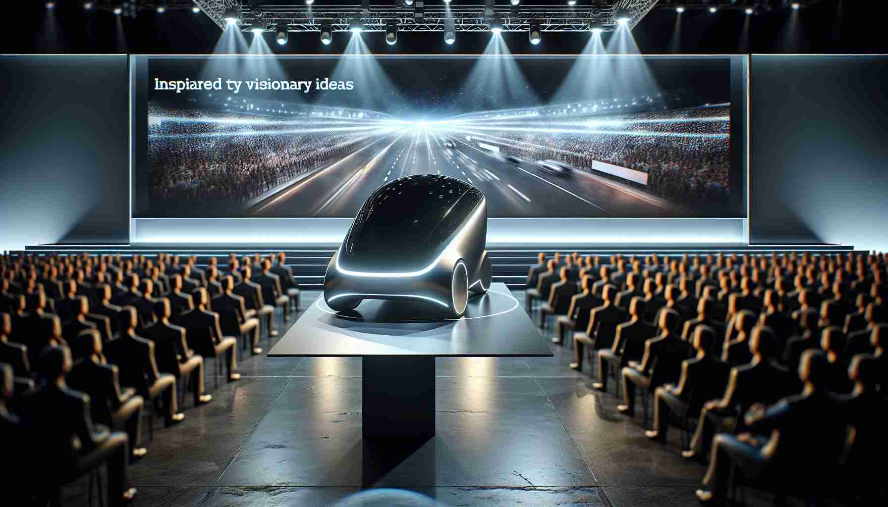 A realistic, high-definition image of a new and revolutionary transportation device inspired by visionary ideas. The image showcases the sleekness of the transportation device, highlighting its cutting-edge design and advanced innovative technologies embodied, making it seem futuristic. The backdrop depicts an event where it is being unveiled, complete with dramatic lighting, a presentation stage, and a captivated audience blurring in the background.