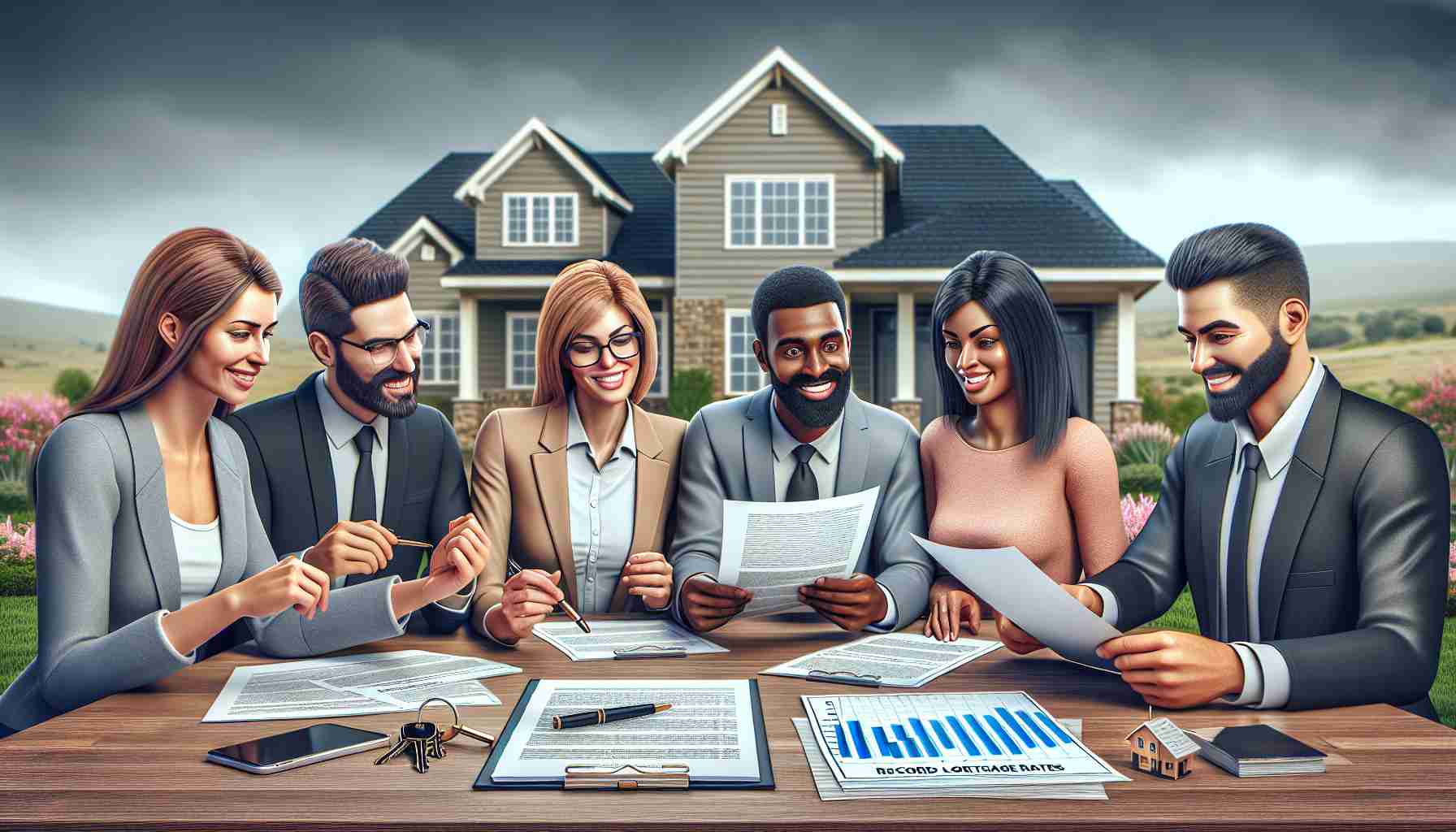 A realistic high definition image depicting a scene showing the benefits of record low mortgage rates for homebuyers. It features a diverse set of potential homeowners - a Caucasian woman, a black man, a Middle-Eastern couple and a South Asian individual - around a table examining documents with happy expressions. Behind them, there's a background of a cozy home, signifying their successful purchases. Some elements could be a chart showing declining mortgage rates, very affordable house models, and keys to new homes.