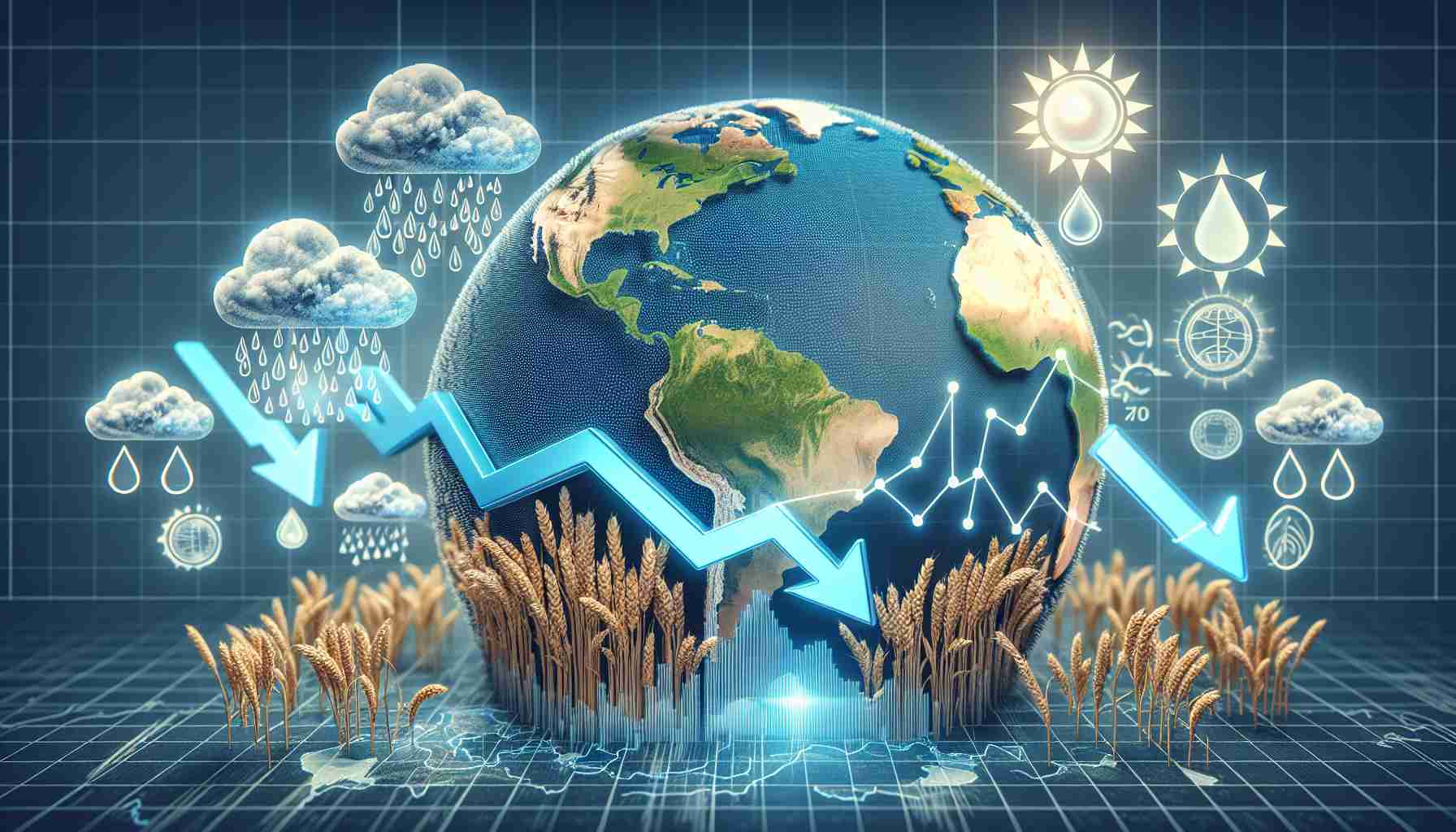 An HD photo of a graph depicting the decrease in global wheat prices. The graph is detailed, showcasing a prominent downward trend indicating the fall of wheat prices. Around the graph, favorable weather conditions are illustrated that could have influenced the drop in prices. Show the weather symbols such as sun, cloud, and rain in a realistic representation indicating ideal conditions for growing wheat. To represent the global aspect, overlay the graph on a translucent world map background.