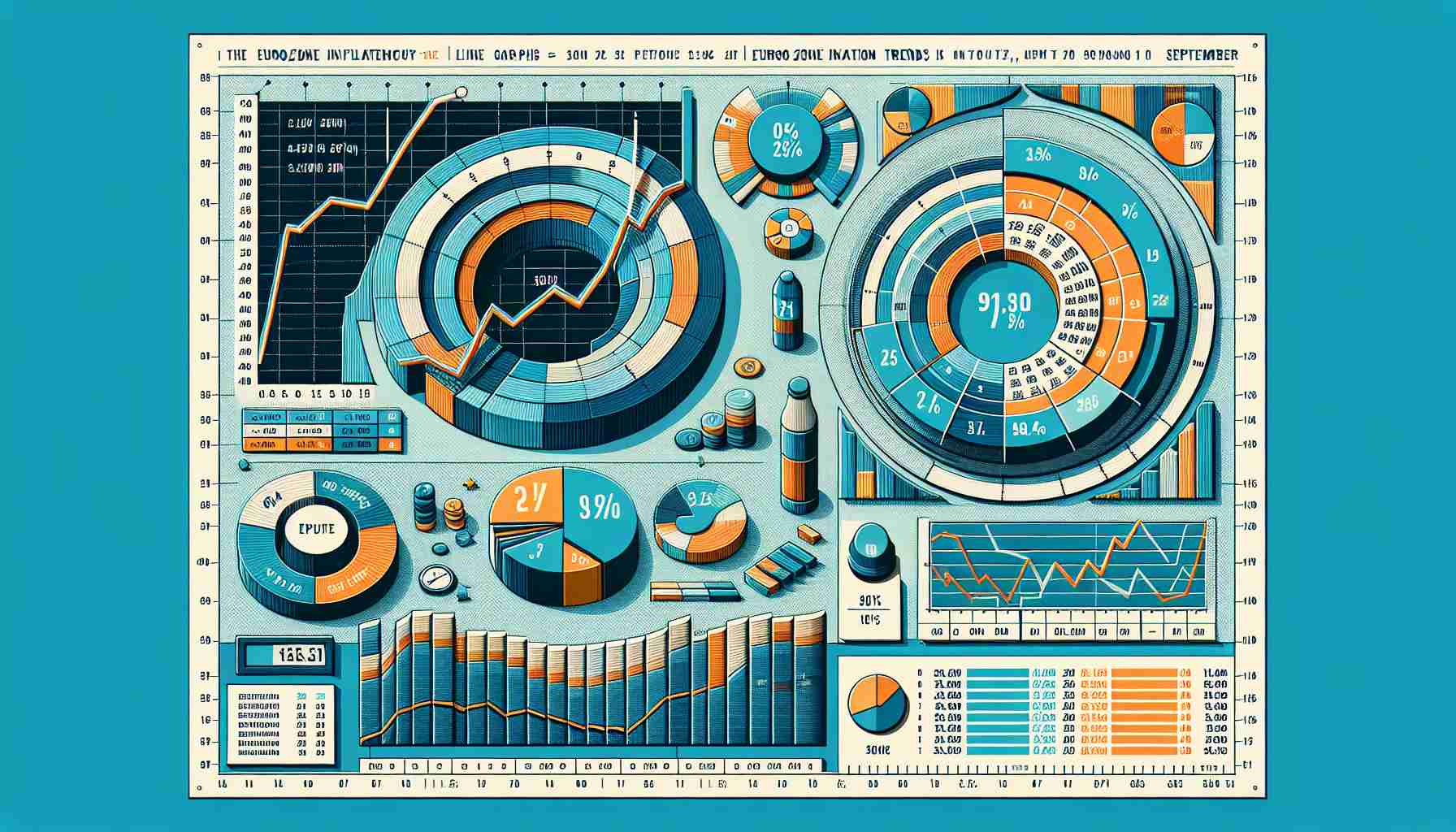 Create a realistic high-definition image of a detailed analysis of the Eurozone inflation trends in September. The graphic should include line graphs comparing different trends, pie charts to emphasize the proportions, and tables to provide more specific information. It should be well-organized and contain legible labels, captions, and statistical units.