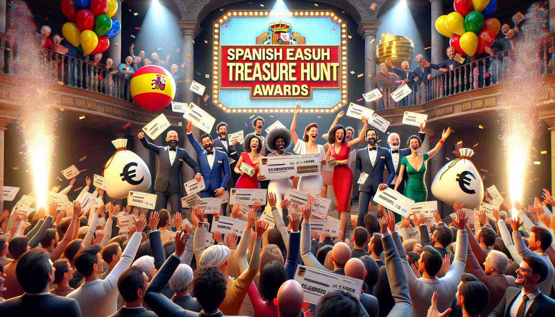 A high-definition, realistic image of an awards ceremony for a Spanish treasure hunt. The scene is filled with exuberant winners of various descents - Caucasian, Hispanic, Black, Middle-Eastern, and South Asian each represented equally amidst the joyous crowd. They are receiving their substantial jackpot payouts, symbolized by oversized cheques or bags labelled with the euro symbol. The vibrant environment is characterized by balloons, confetti, and an impressive stage with a large signage that reads 'Spanish Treasure Hunt Awards'.