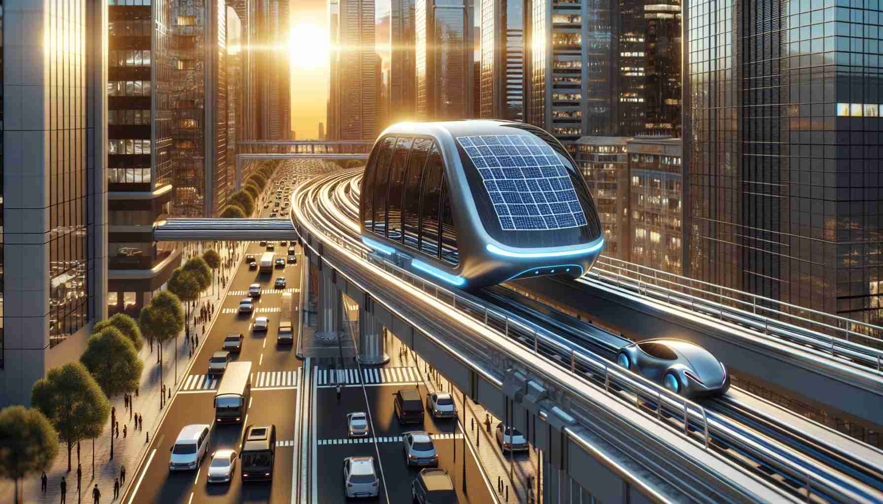 Generate a highly detailed, realistic image of a futuristic city setting where the transportation system has been revolutionized. The main focus should be on solar-powered commuter pods which are designed for short city transits. They are sleek, lightweight and move along a well-engineered track system suspended above the city streets. Hints of solar arrays should be visible on the top of the pods, reflecting the rays of the urban setting sun. In the background, traditional vehicles coexist, but these hi-tech pods are the predominant form of urban commute.