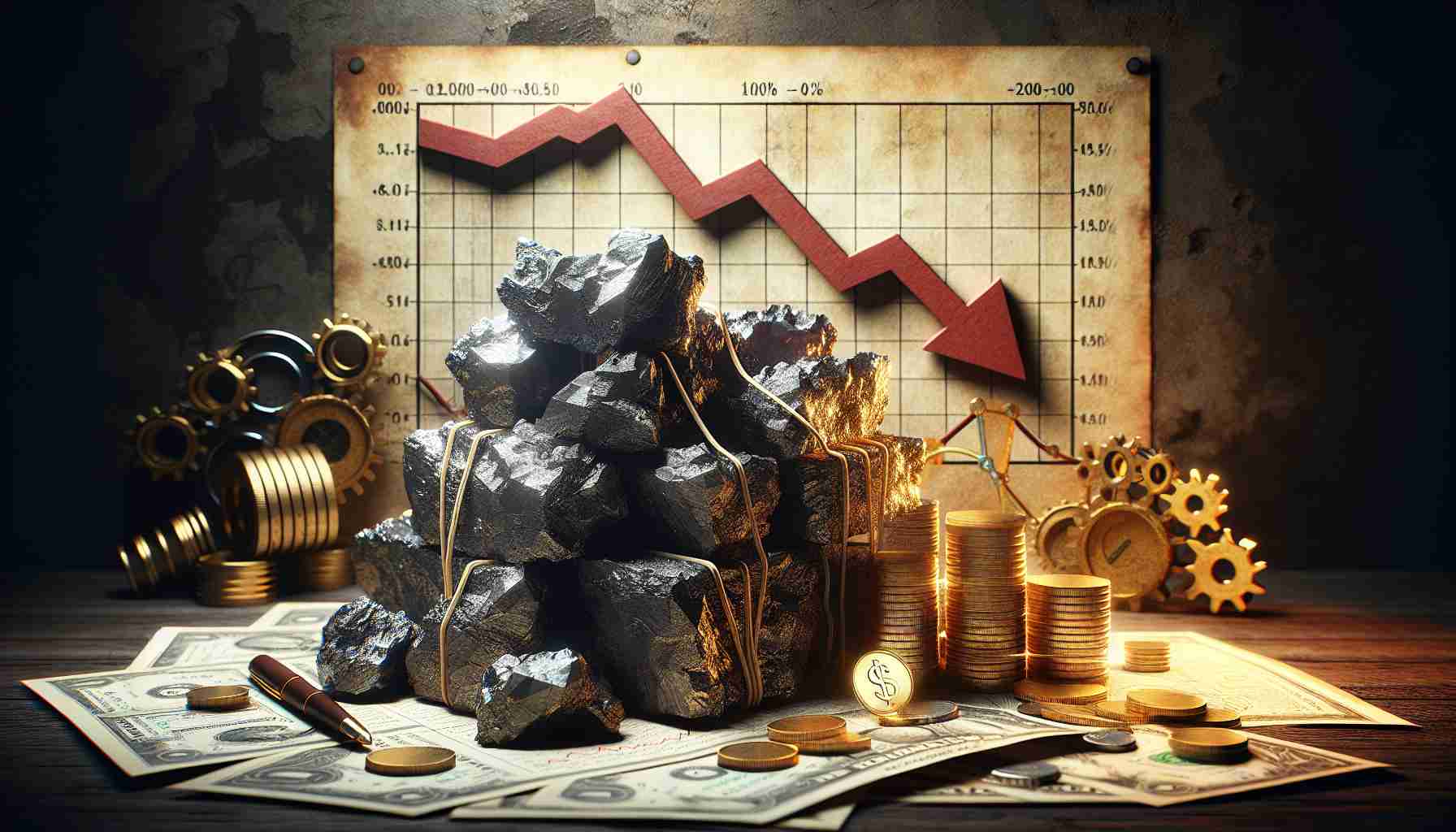 A high-definition, realistically rendered image depicting the concept of diminishing iron ore prices despite stimulus measures. The scene features a thick stack of freshly mined, shimmering iron ore on the left, an authentic, faded chart behind it showing a downward trend over time. The chart contains large red arrows pointing downwards to symbolize the drop in iron ore prices. On the right, subtle signs of economic stimuli like a bundle of banknotes, a golden coin with a plus sign, and several gears working together can be seen.