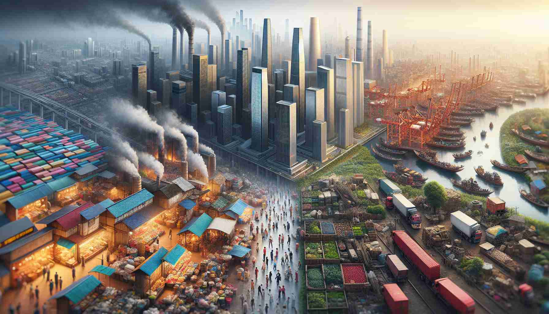 High definition, realistic depiction of the economic growth in China amidst various challenges. The scene includes bustling markets with diverse goods, rising skyscrapers symbolizing industrial advancement, alongside contrasting issues such as pollution and overcrowding. Intersperse the image with scenes of both rural and urban development, technology, and infrastructure showing the dichotomy of progress and struggles. Avoid references to specific individuals or figures.