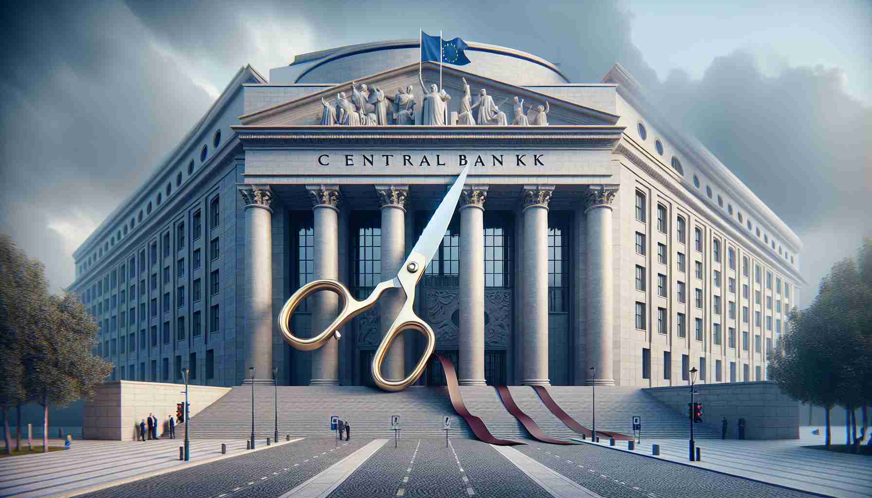 Generate a realistic, high-definition image of a grand, modern architectural structure signifying a central bank in Europe. The scene should capture the intense atmosphere of preparation for a significant event, symbolically represented by a large pair of scissors positioned over a red ribbon which represents the cutting of interest rates.