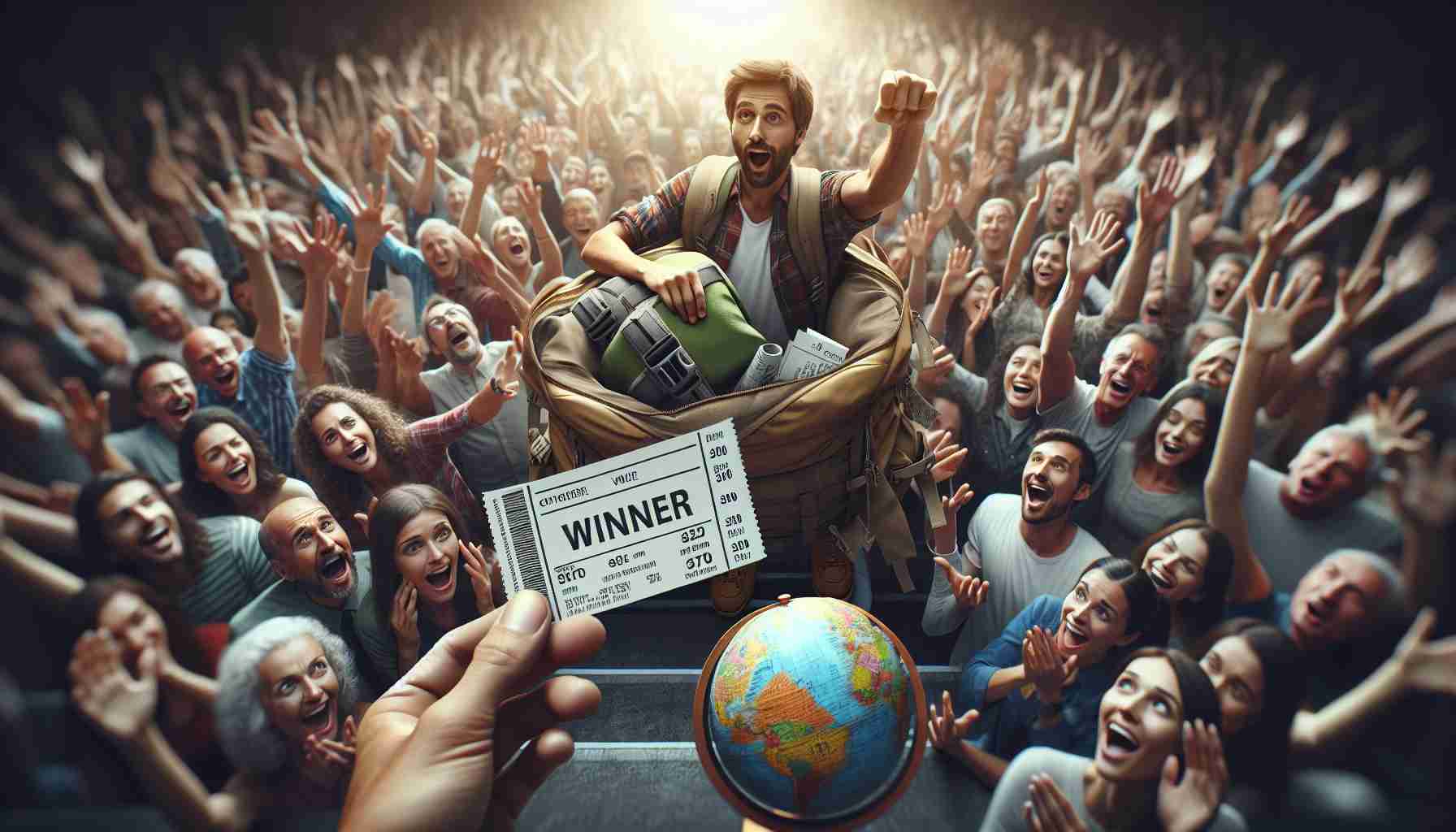 Imagine a realistic high-definition image that tells the story of an extraordinary event. A unique adventure has unfolded following a raffle win. The winner holds up the winning ticket with a look of awe and disbelief on their face. They are surrounded by a crowd of excited but disappointed spectators. The atmosphere is one of excitement, anticipation, and shock. Maybe the prize hint on the scene: perhaps some luxury trip equipment like hiking backpack, globe, or plane tickets. Capture this thrilling, transformative moment in vivid detail.