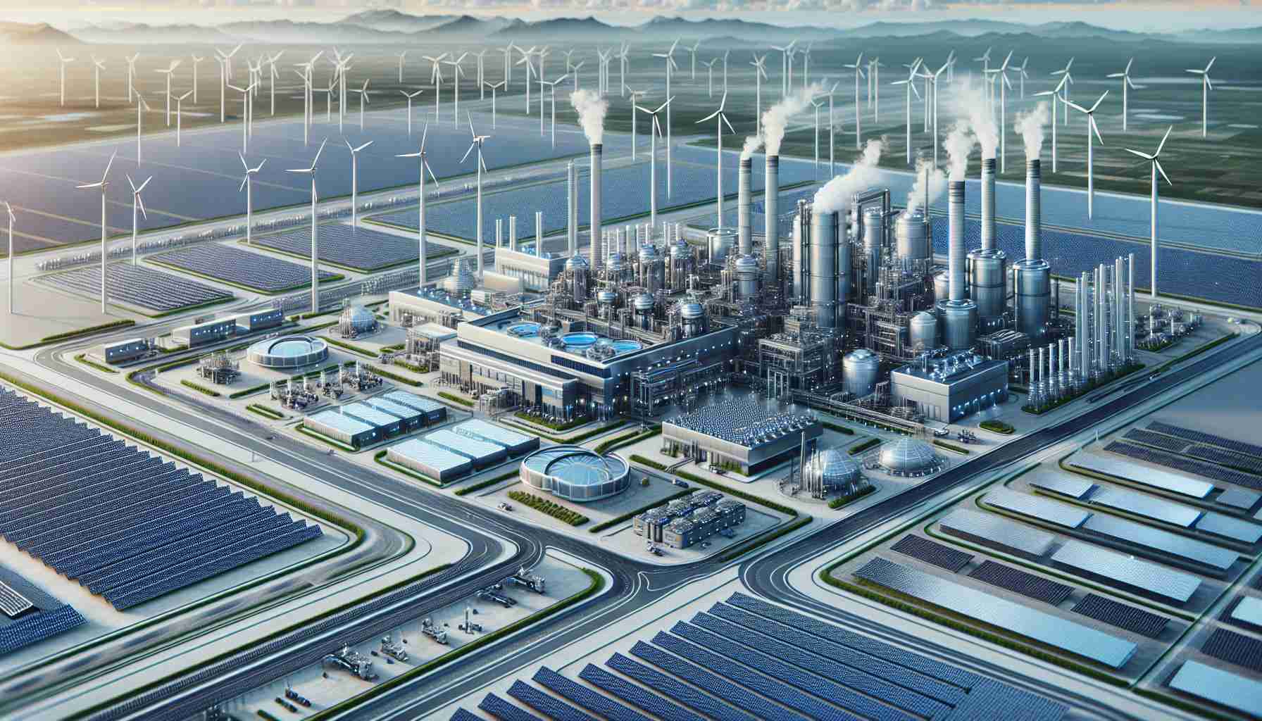 High-definition, realistic image of a futuristic factory dedicated to the production of renewable energy products. The factory is modern, sprawling, and features solar panels, wind turbines, and geothermal energy systems in its design. It is a symbol of the revolutionization of the sustainable energy sector, incorporating advances in technology for environmental protection and energy efficiency.