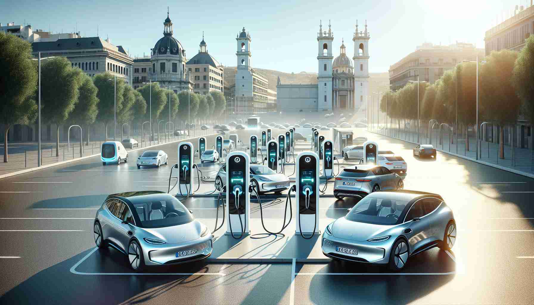 A highly detailed and realistic image showing the growth of electric vehicle charging infrastructure in a Spanish locale. The scene captures a series of charging stations deployed throughout the cityscape, reflecting futuristic architecture bathed in bright sunshine. Visible in the background is the skyline consisting of both historical architecture and modern buildings, indicating a balance of past tradition and forward vision. Electric vehicles, representing a blend of sedans, SUVs, and small cars, are parked, charging at several stations, symbolizing the transition towards green energy.