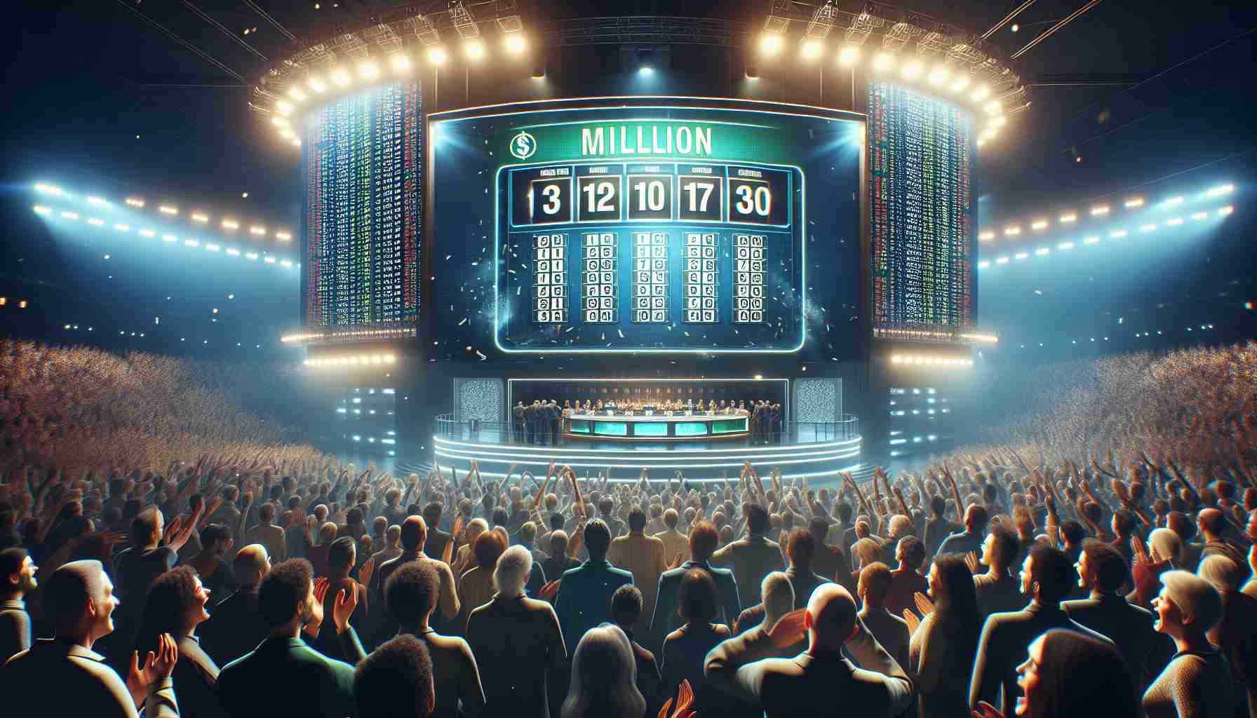 A high-definition photograph realistically executed, depicting a scene where winning numbers for a million-dollar jackpot are revealed. The image highlights a large digital screen on a stage, brightly lit with the numbers clearly displayed in large font size. A crowd in the foreground reacts excitedly, some are cheering, clapping, others mouths agape in disbelief. The atmosphere is electrifying, capturing the exhilaration around the life-changing fortune.