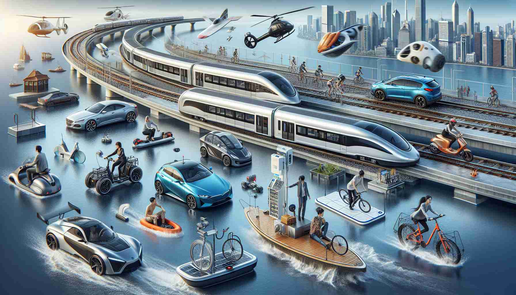 A hyper-realistic, high-definition image that visually portrays the current trends in alternative modes of transportation. This should include a variety of modern, environmentally-friendly solutions. There can be electric cars of different types and colors, high speed magnetic levitation trains, hybrid bicycles, electric scooters, and solar-powered boats. Also, show individuals of different genders and descents using these alternative means of transport, such as an Asian woman driving an electric car, a Middle-Eastern man riding a hybrid bicycle, and a Black woman piloting a solar-powered boat, among others. These elements should visually hint at a world that is moving towards cleaner, more sustainable means of transportation.