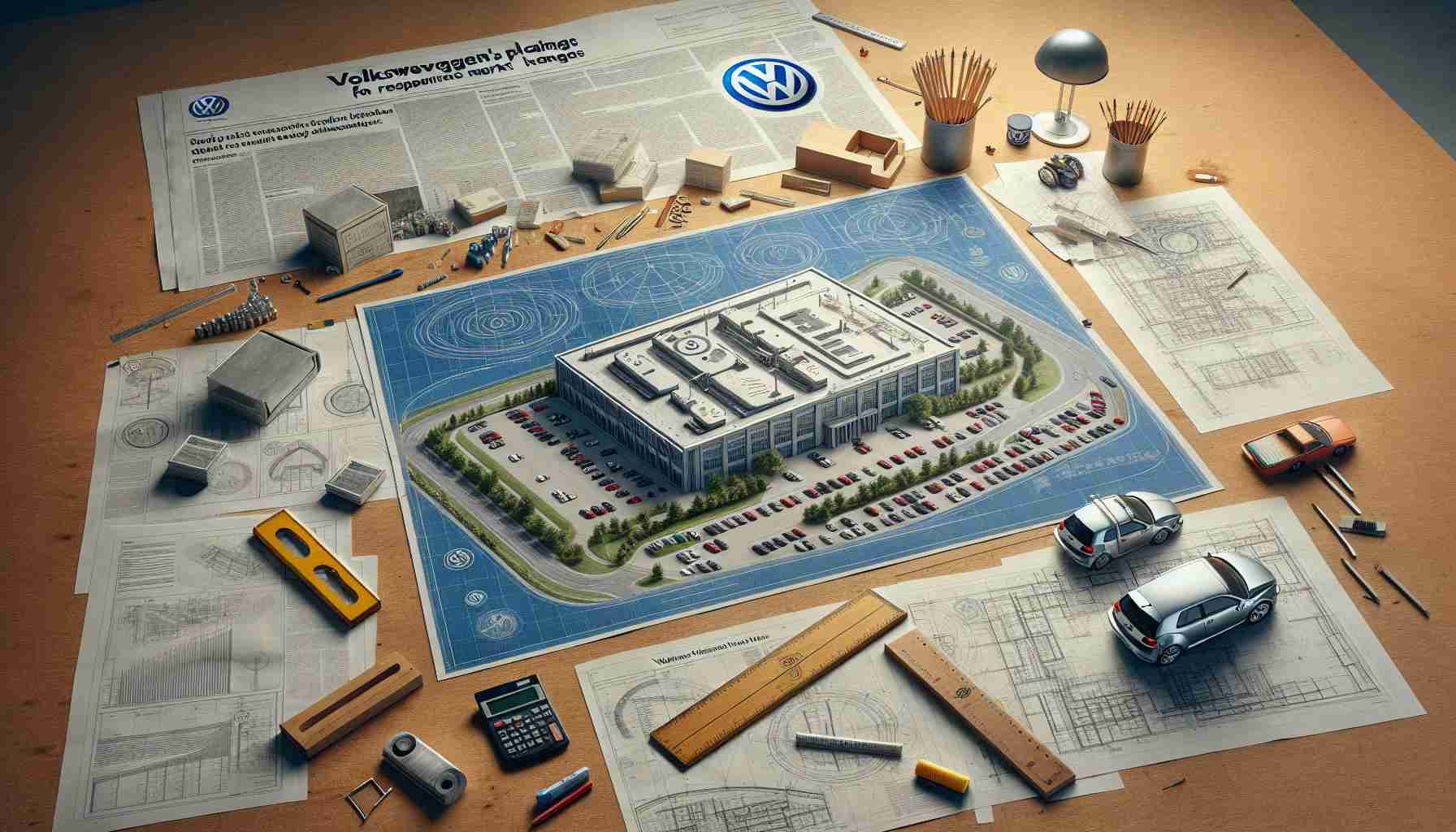 High definition, realistic image of a conceptual art piece that reflects Volkswagen's plans for restructuring in response to market changes. The image should comprise of a large aerial-view blueprint of a factory or corporate building with several circles and arrows indicating areas of change. The blueprint might be on a wooden table surrounded by various tools like rulers, protractors, markers etc. On the side of the table, there could be a scale model of a Volkswagen car symbolizing the brand. Around, scattered newspaper headlines and articles can lay which reference market changes.