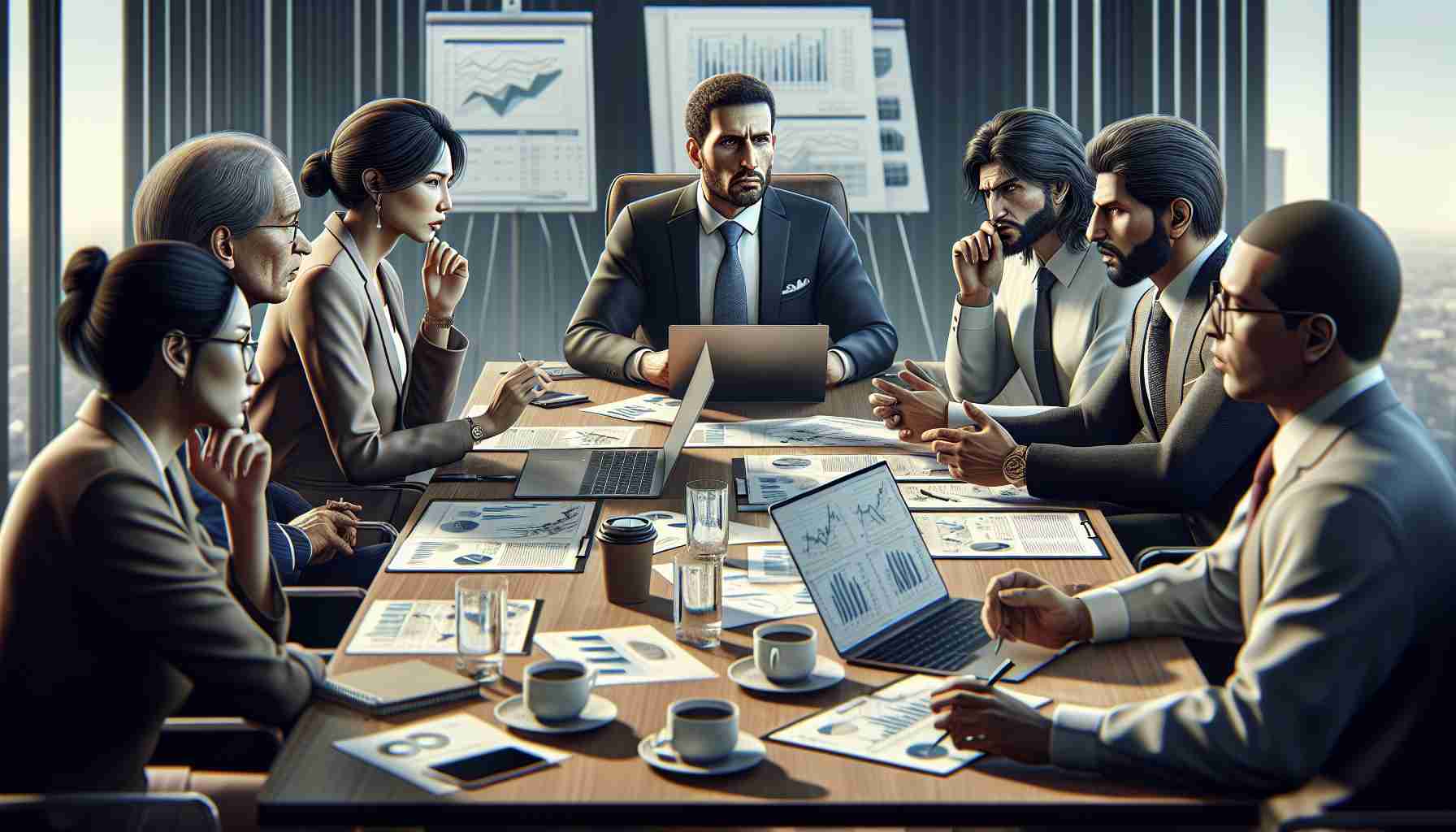 High-definition, realistic illustration of a meeting scenario where banking executives of different descents and genders are engaged in a heated discussion over merger strategies. An Asian woman, a Caucasian man, and a Middle-Eastern man are deeply involved in the conversation, sitting around a conference table filled with documents, laptop screens open with financial charts, and cups of coffee. The stress, seriousness, and intensity of the situation should be clearly portrayed through their expressions and body language.