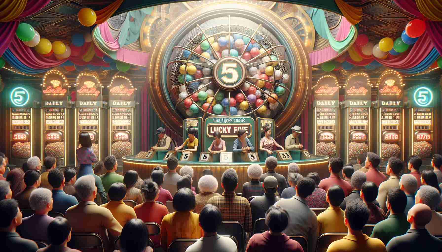 A realistic, high-definition image depicting the excitement of daily lucky draws at a fictitious event named 'Lucky Five'. The scene includes expectant participants of mixed genders and various descents eagerly waiting for their number to be called. The focal point is a large, circular draw machine with numbered balls visible inside. Surrounding the main event scene, you can see colorful decorations and banners promoting 'Lucky Five', contributing to the lively and hopeful atmosphere.