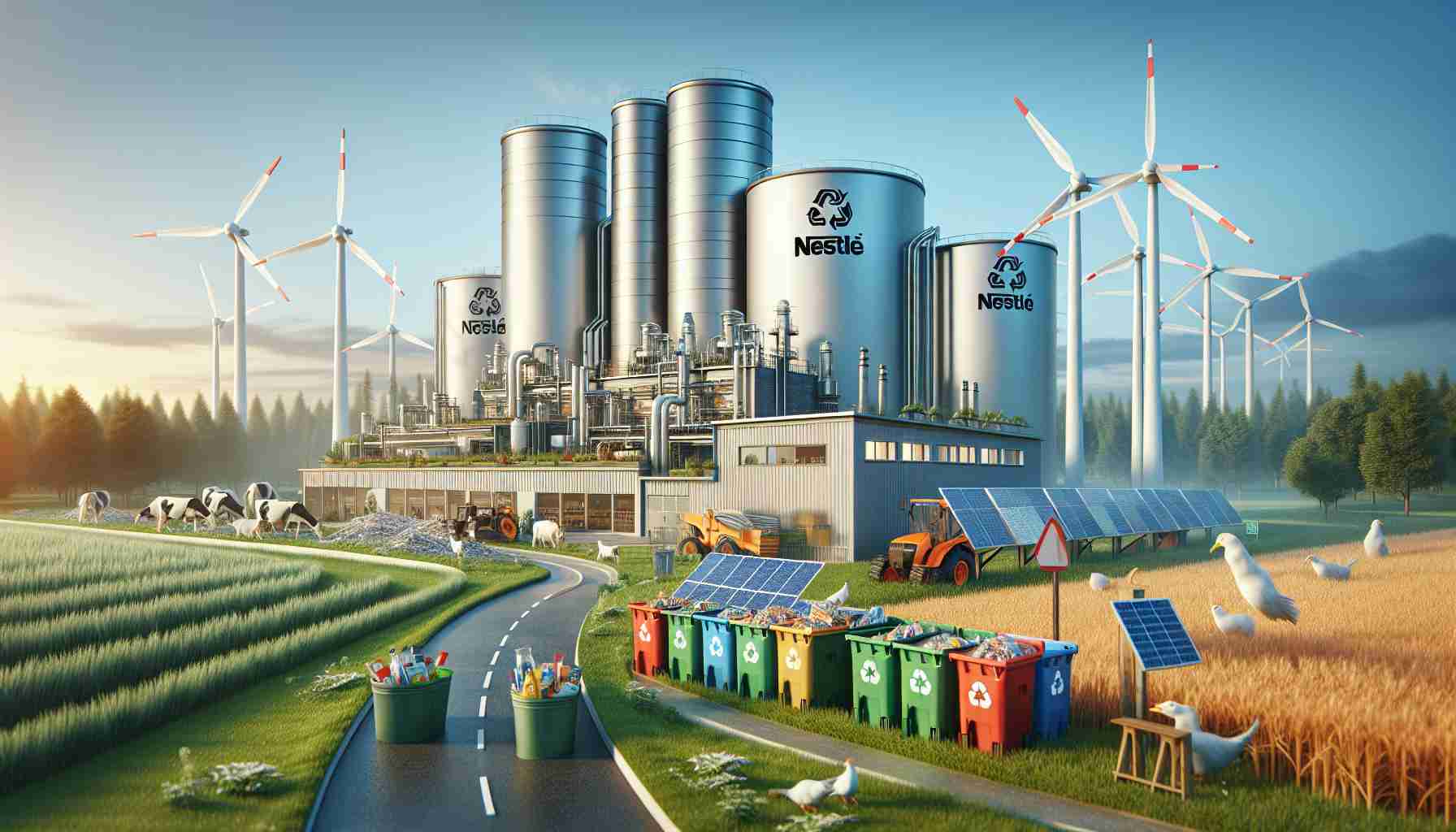 High-definition realistic image portraying a symbolic representation of Nestlé's sustainable practices being a leader in the industry. Document specific eco-friendly initiatives such as waste reduction methods, renewable energy sources, and sustainable farming techniques. The image should ideally display a branded factory employing these sustainable techniques, with wind turbines and solar panels visible. Recycling bins and materials could also be featured to represent waste reduction, and scenes of sustainably managed farms could complete the picture. Avoid any human figures in the scene. Make sure to illustrate vividly to represent the company's commitment to an environmentally friendly future.