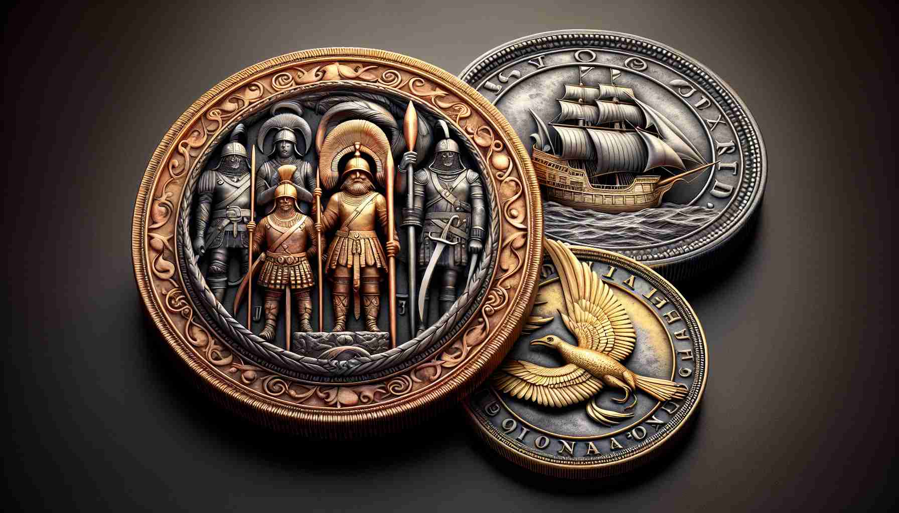 High-definition, realistic image displaying three very unique and valuable coins. The first coin is an ancient gold piece with intricate carvings of warriors, the second coin is a silver piece from the Renaissance with the image of a sailing ship, and the third coin is a rare copper coin bearing the image of an exotic bird in flight.