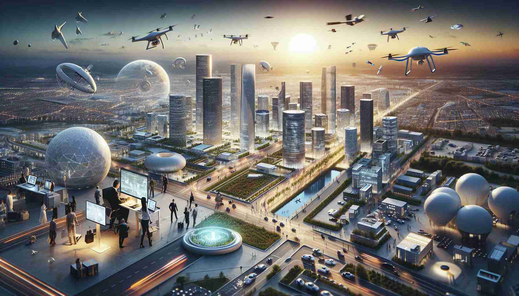 A realistic, high-definition image showcasing the emergence of a new, innovative technology hub in the region of Aragón. This scene should reveal the vitality that flows from the recently announced multi-billion dollar investment, such as modern, futuristic buildings, individuals of diverse descents and genders busily working on their innovative projects, and state-of-the-art infrastructure that demonstrates the scale of the investment. Further, incorporate elements representing technological advancement like drones, self-driving cars, solar panels, and wind turbines to highlight the commitment to modernization and sustainable development.