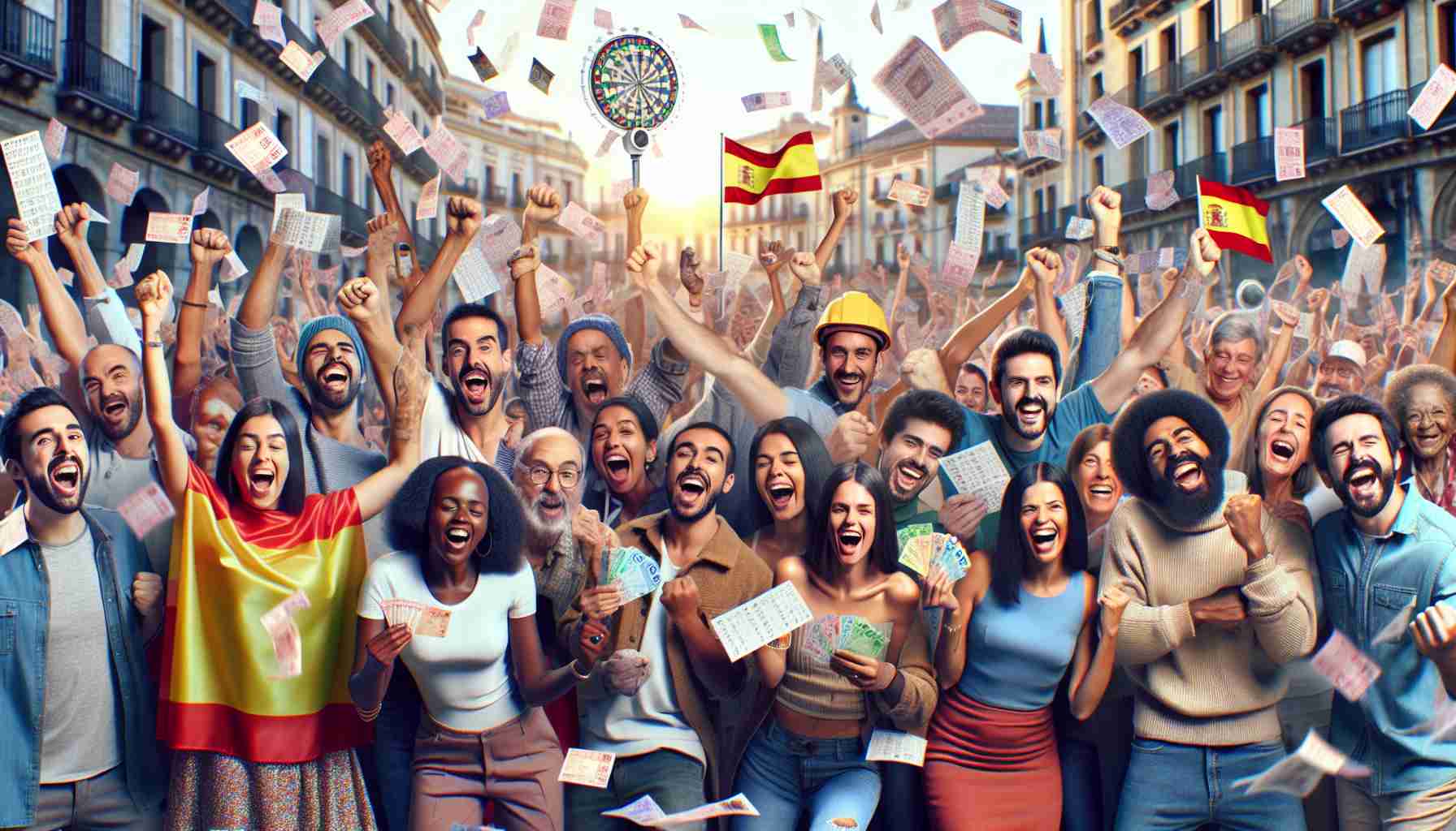 Generate a high-definition, hyper realistic image portraying a variety of joyous individuals from different backgrounds such as Hispanic, Caucasian, Black, Middle-Eastern, and South Asian throughout Spain celebrating their recent triumphs. The scene should depict a variety of settings from a metropolitan city to rural landscapes with individuals holding tickets, lottery paraphernalia, excited expressions, and signs of success.