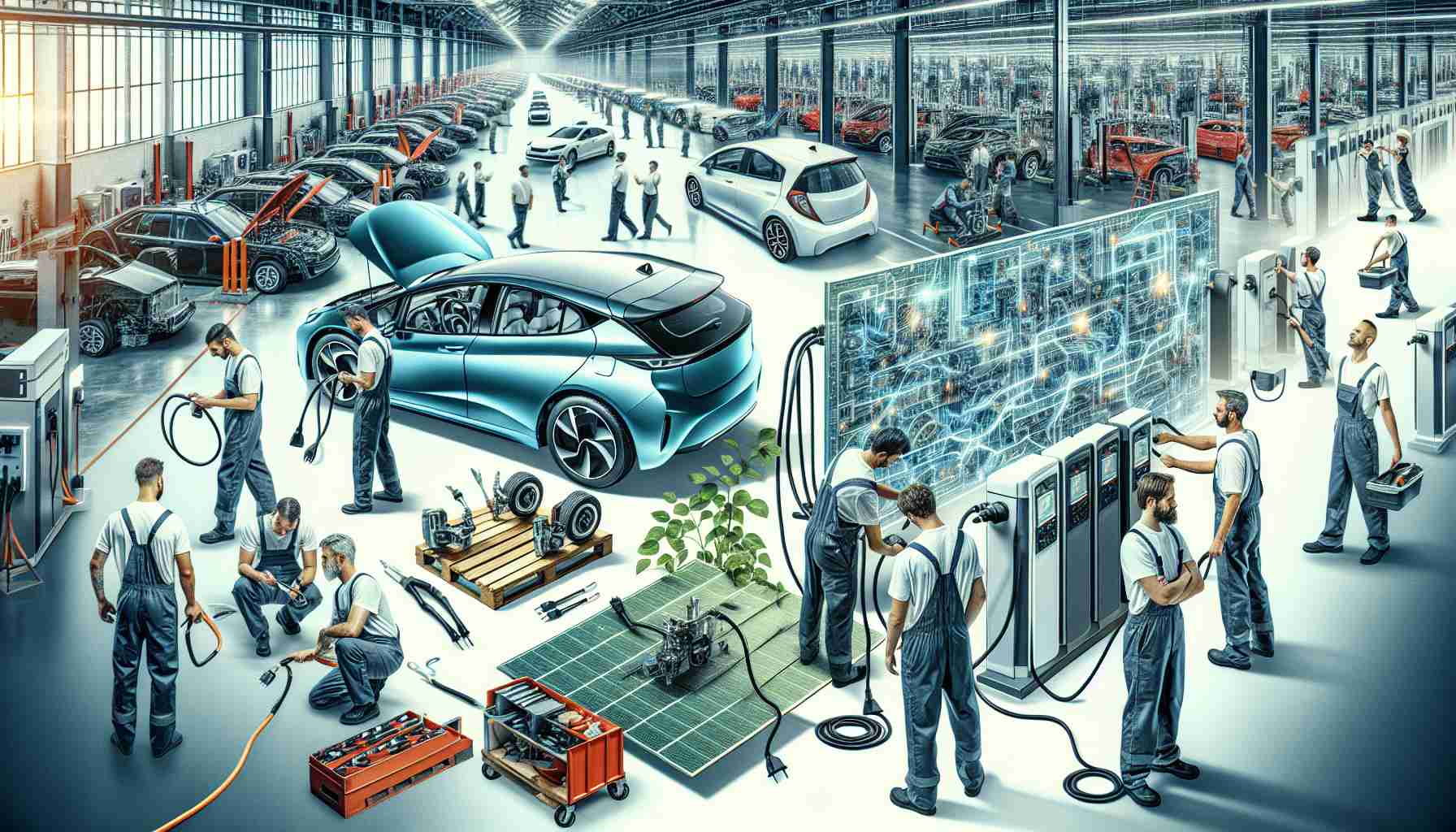 A high-definition image showcasing the progress of electric mobility. This should include scenes of automotive workshops engaged in improving the quality of electric vehicle services, featuring a diverse team of mechanics of differing genders and descents, working meticulously on electric car parts. Furthermore, the image should incorporate depictions of the installation process for charging infrastructure, implying its vast spread and accessibility. This could include power lines, charging stations, and electric vehicle plug-in spots, installed by workers of different genders and ethnicities to represent diversity.