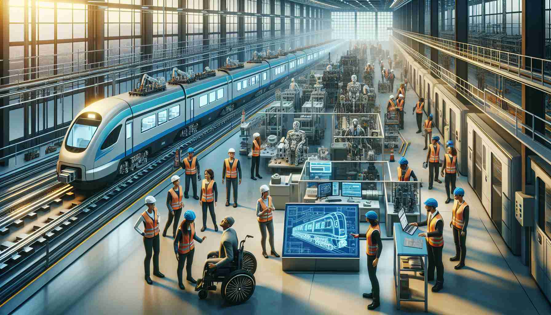 Create a high-definition, realistic image illustrating a futuristic scene in the railway industry. It should include the interior of a train manufacturing plant, where workers of different genders and descents, such as Caucasian, Hispanic, Black, Middle-Eastern, and South Asian, are actively involved in the construction of advanced trains. Disability inclusion should be visible among the workers. The factory should be filled with next-generation technologies like robotics, automation, and 3D-printing machines. The atmosphere should emulate a sense of innovation and revolution, with blueprints for cutting-edge train designs displayed around the workspace. The overall environment should be clean, safe, vibrant, and futuristic.